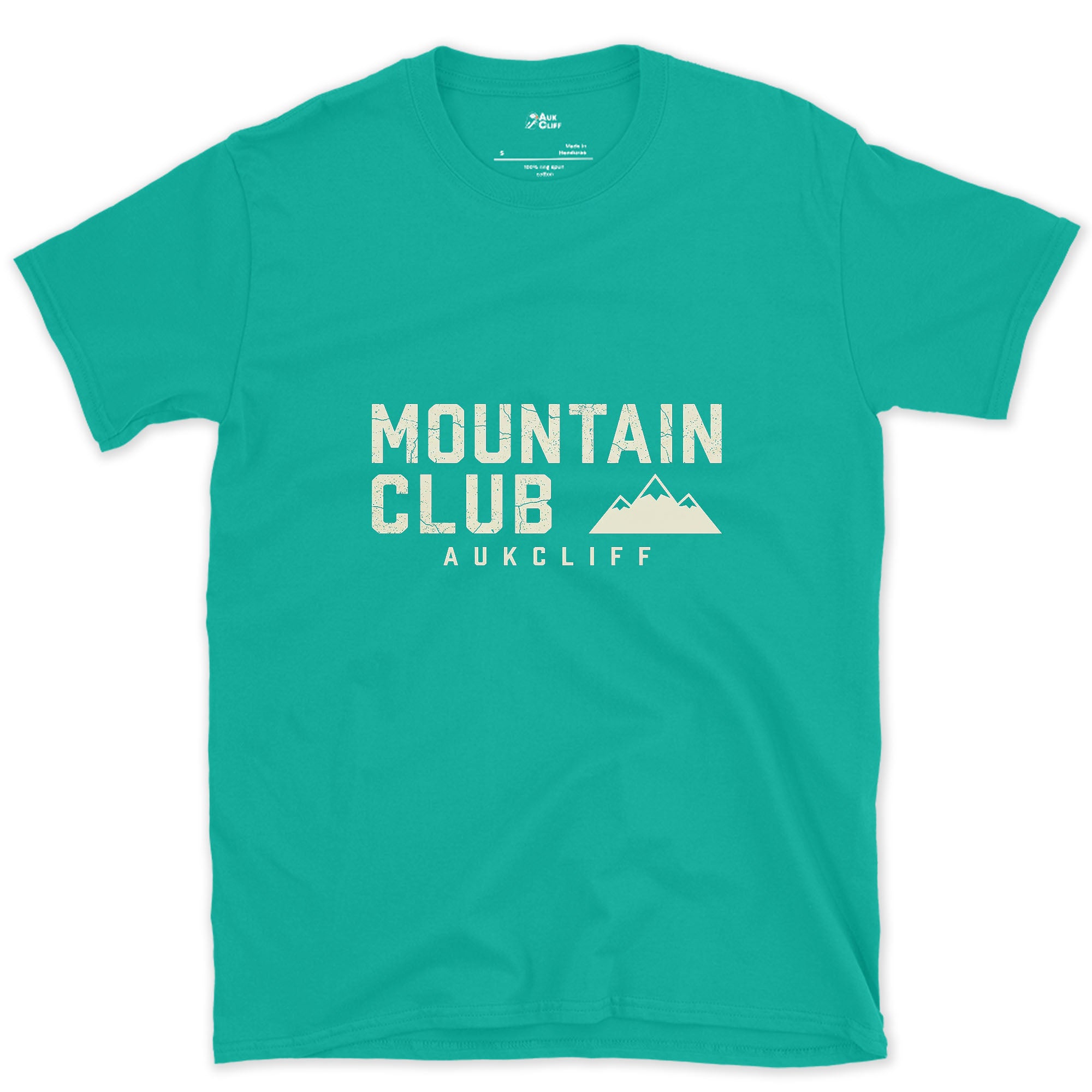 The Mountain Club Badge and Peak Icon design on a Jade Dome Gildan Softstyle t-shirt