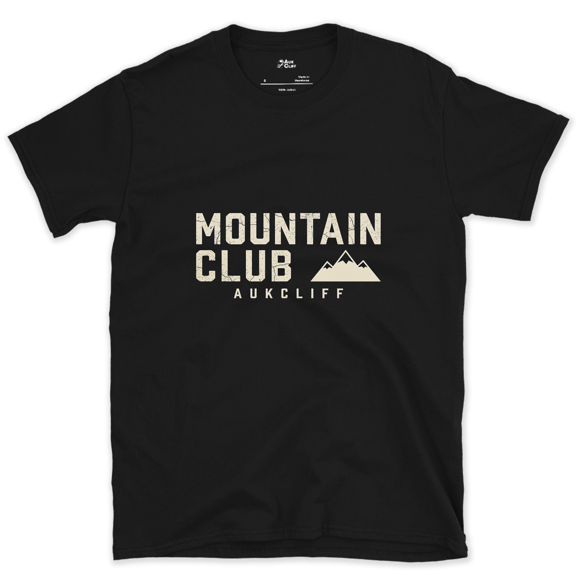 The Mountain Club Badge and Peak Icon design on a Black Gildan Softstyle t-shirt