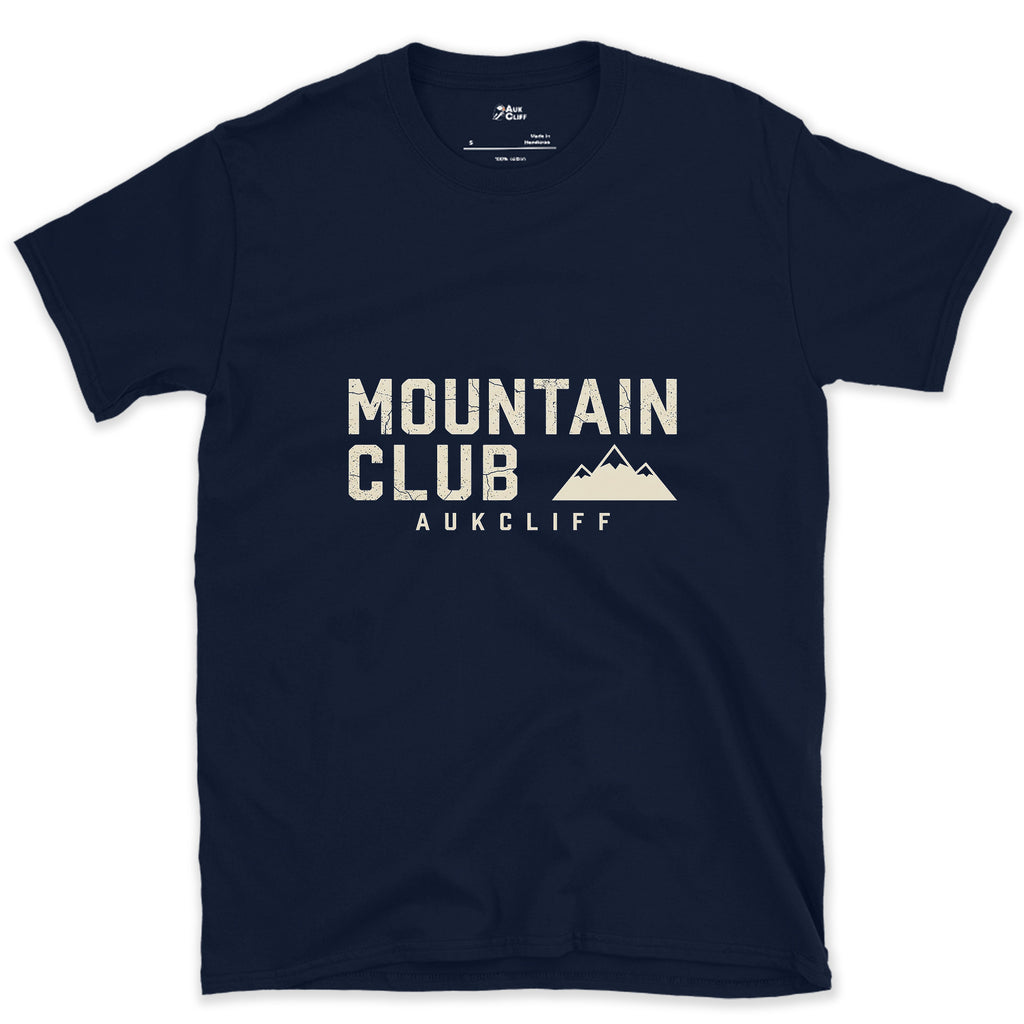 The Mountain Club Badge and Peak Icon design on a Navy Gildan Softstyle t-shirt