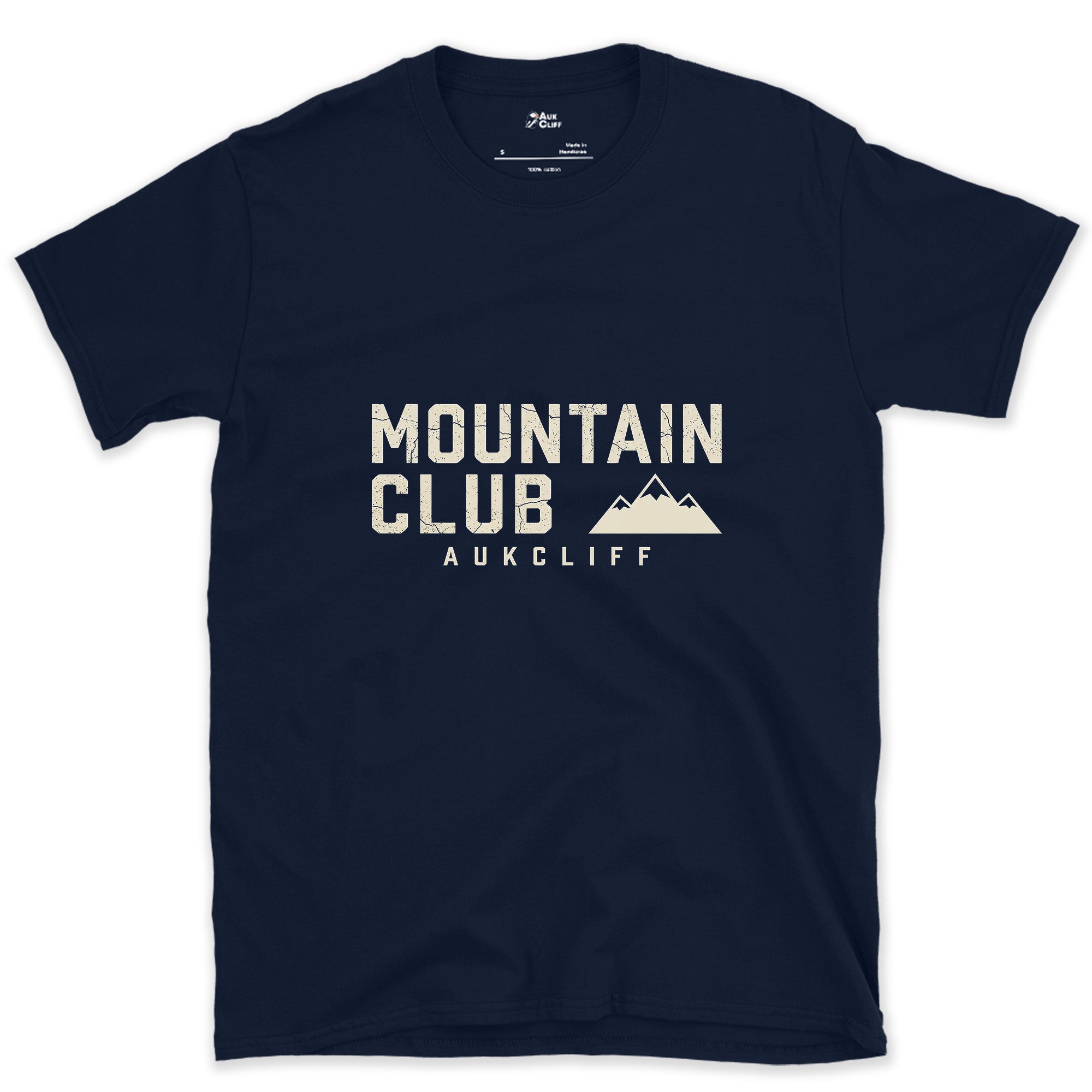The Mountain Club Badge and Peak Icon design on a Navy Gildan Softstyle t-shirt