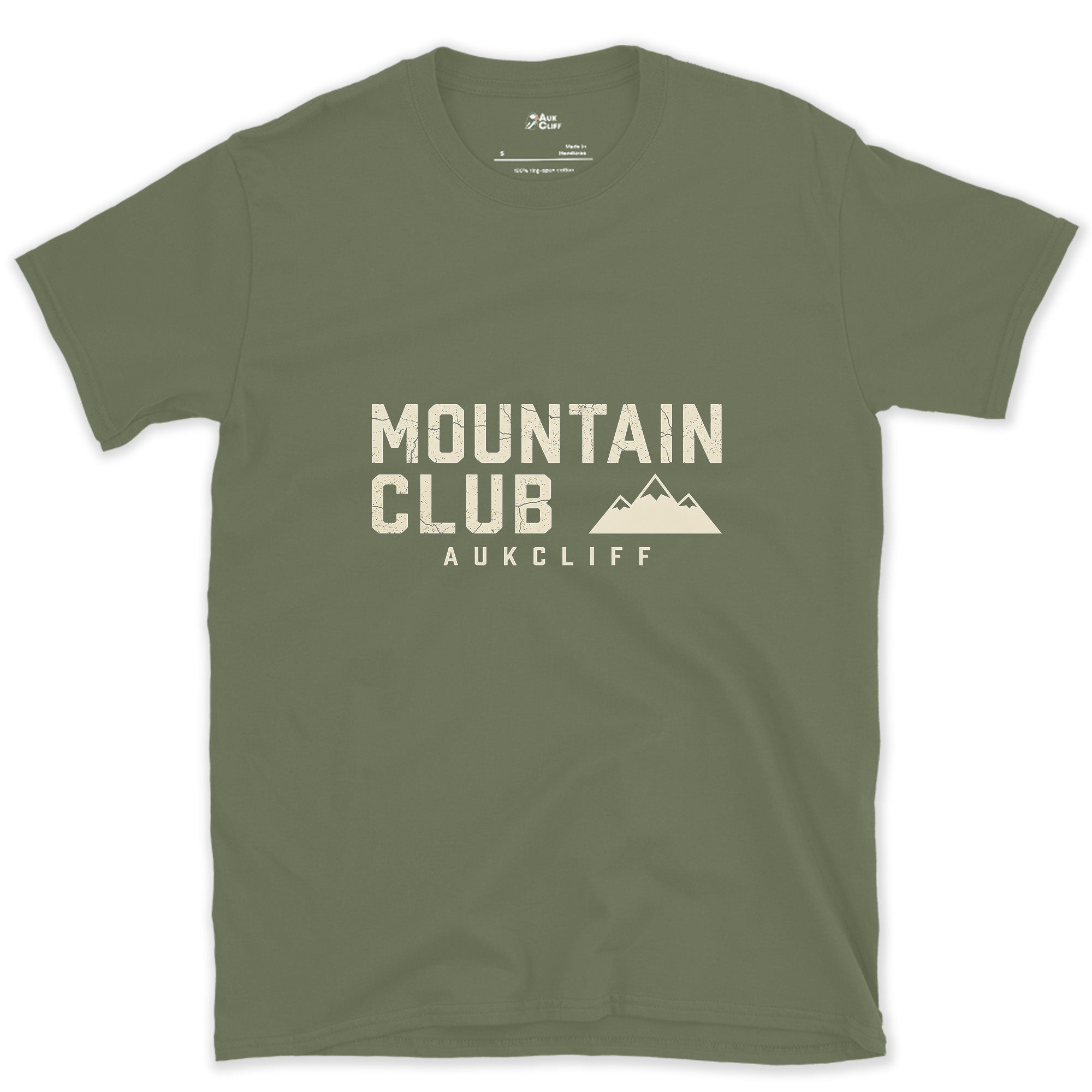 The Mountain Club Badge and Peak Icon design on a Military Green Gildan Softstyle t-shirt