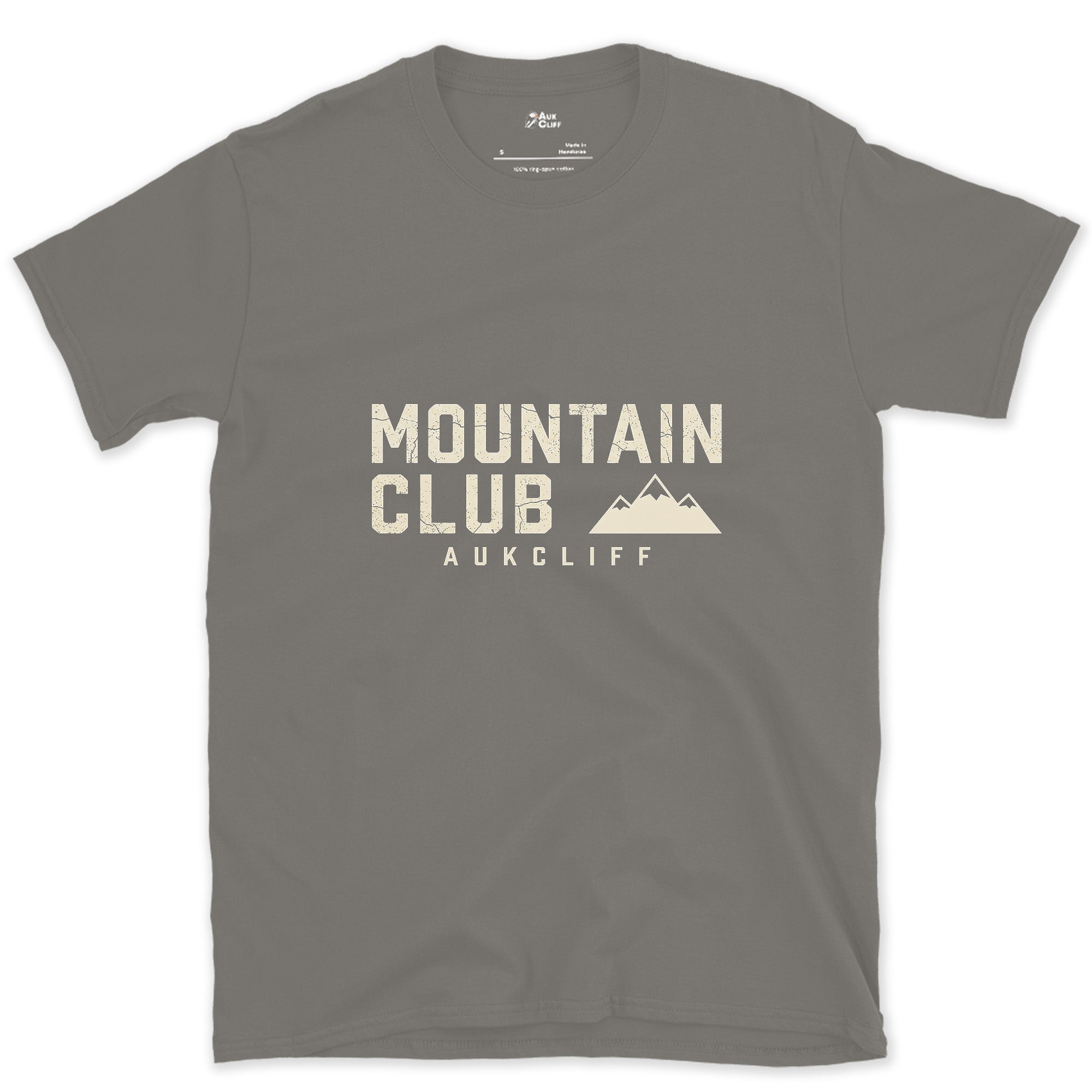 The Mountain Club Badge and Peak Icon design on a Charcoal Gildan Softstyle t-shirt