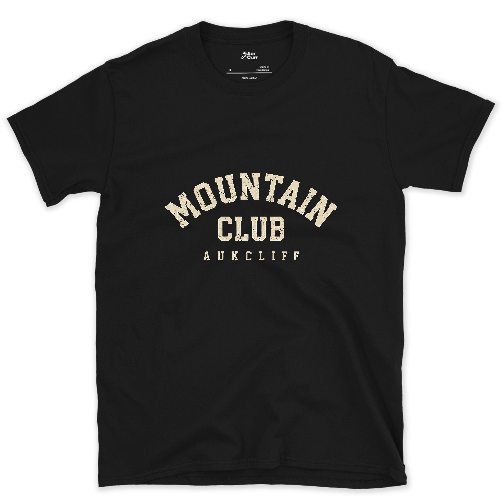 Mountain Club Arched Badge design on a Black Gildan Softstyle t-shirt