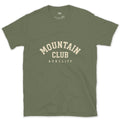 Mountain Club Arched Badge design on a Military Green Gildan Softstyle t-shirt