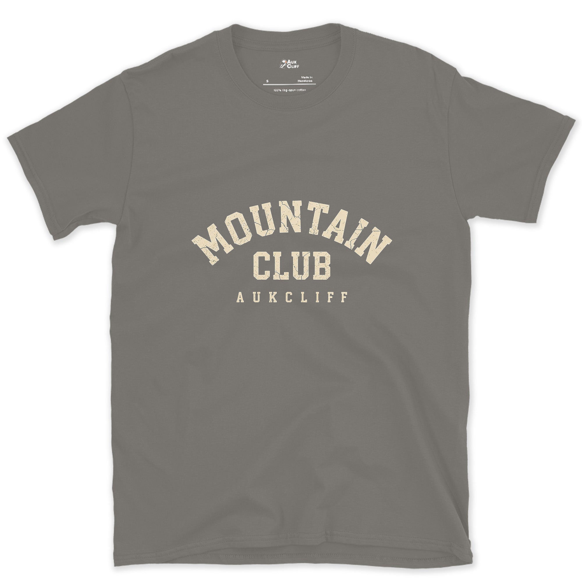Mountain Club Arched Badge design on a Charcoal Gildan Softstyle t-shirt