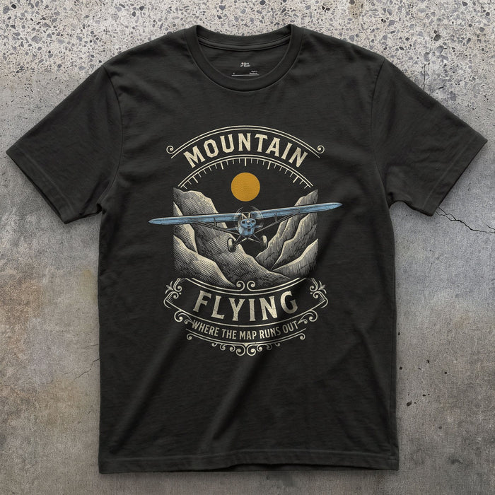 Mountain Flying, Map Runs Out design on a Black Gildan Softstyle t-shirt