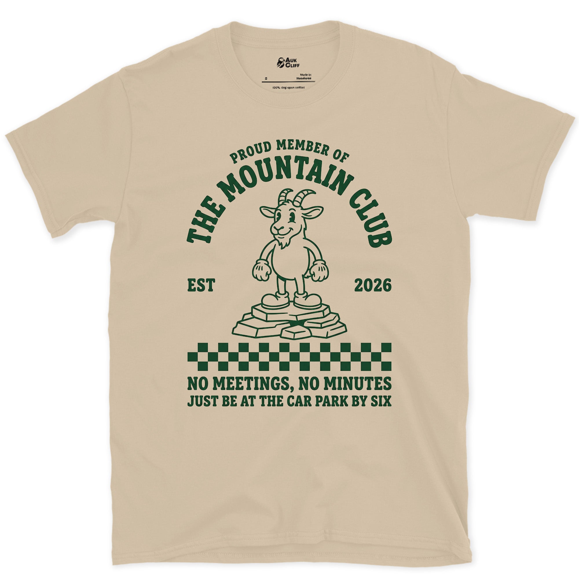 The Mountain Club, No Meetings, No Minutes design on a Sand Gildan Softstyle t-shirt
