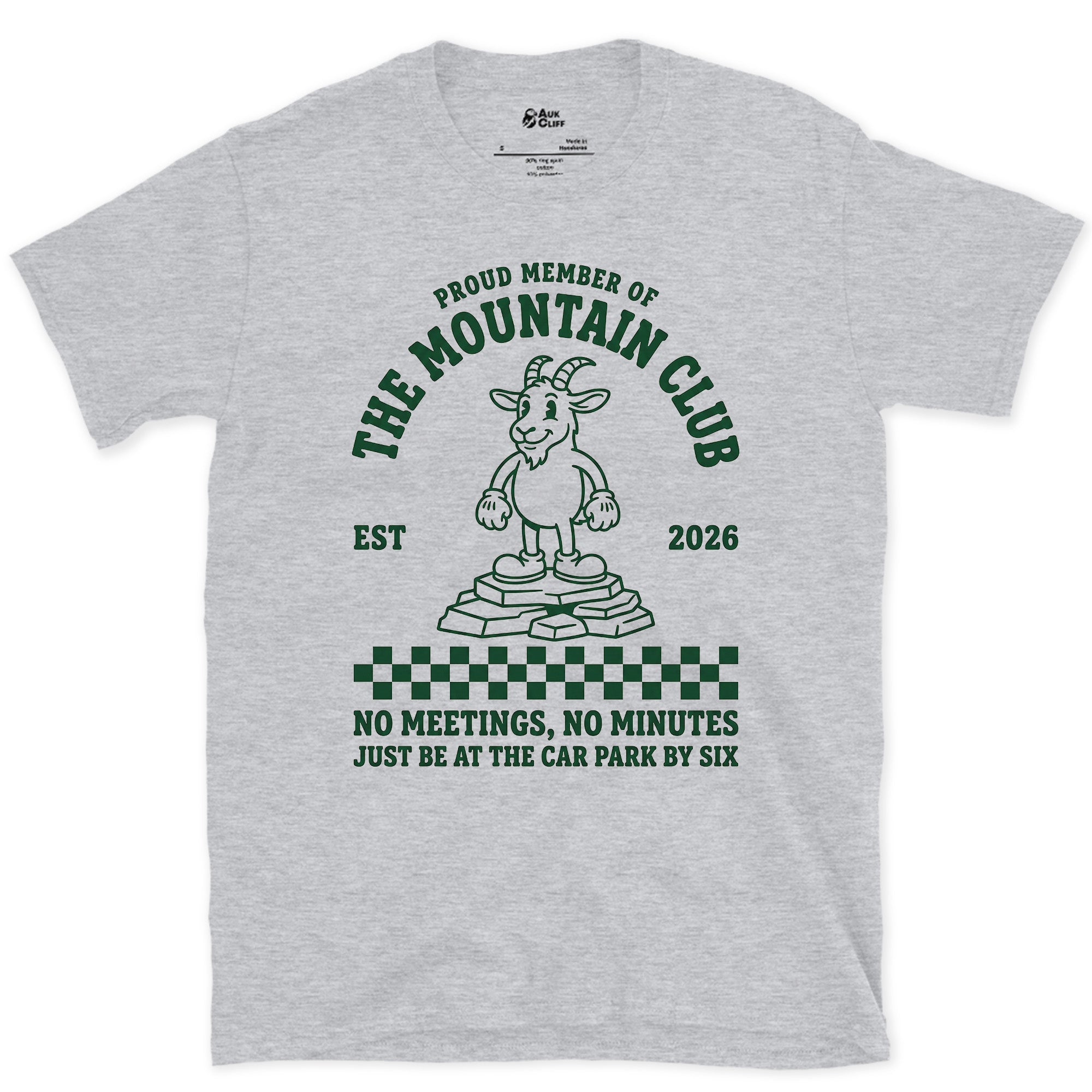 The Mountain Club, No Meetings, No Minutes design on a Sport Grey Gildan Softstyle t-shirt