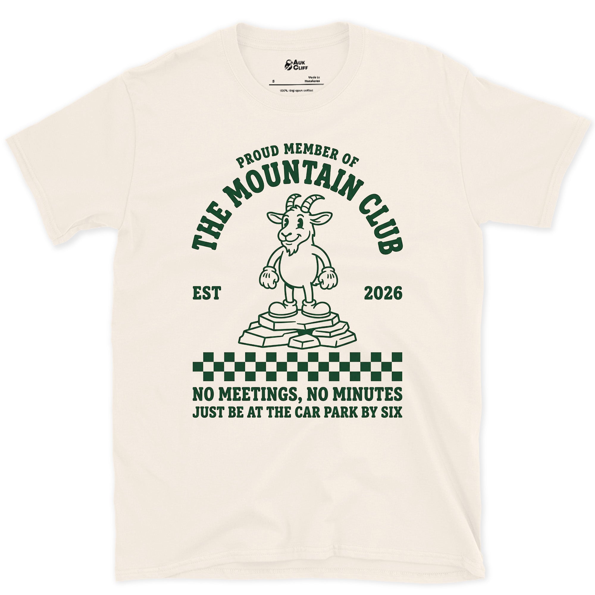 The Mountain Club, No Meetings, No Minutes design on a Natural Gildan Softstyle t-shirt
