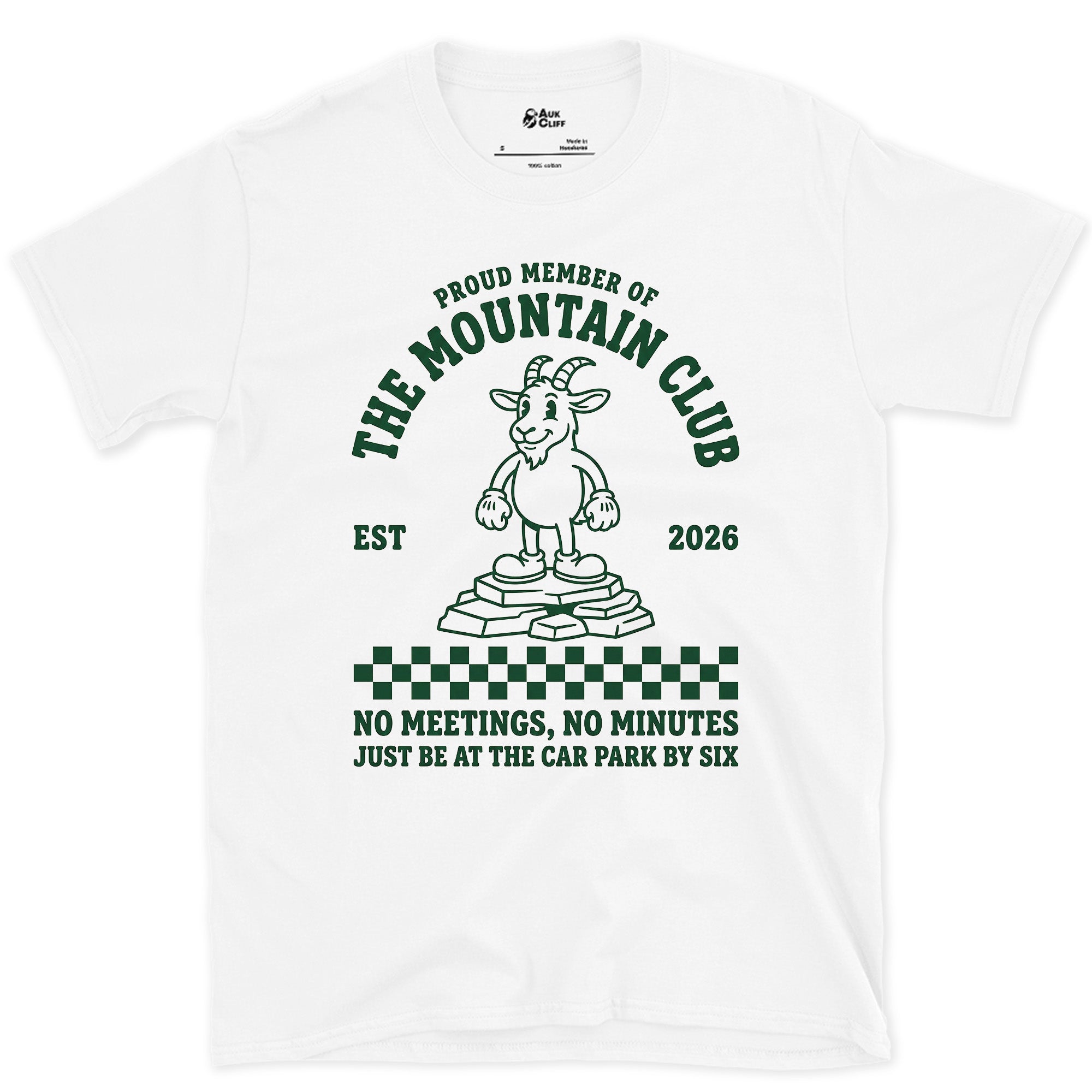 The Mountain Club, No Meetings, No Minutes design on a White Gildan Softstyle t-shirt
