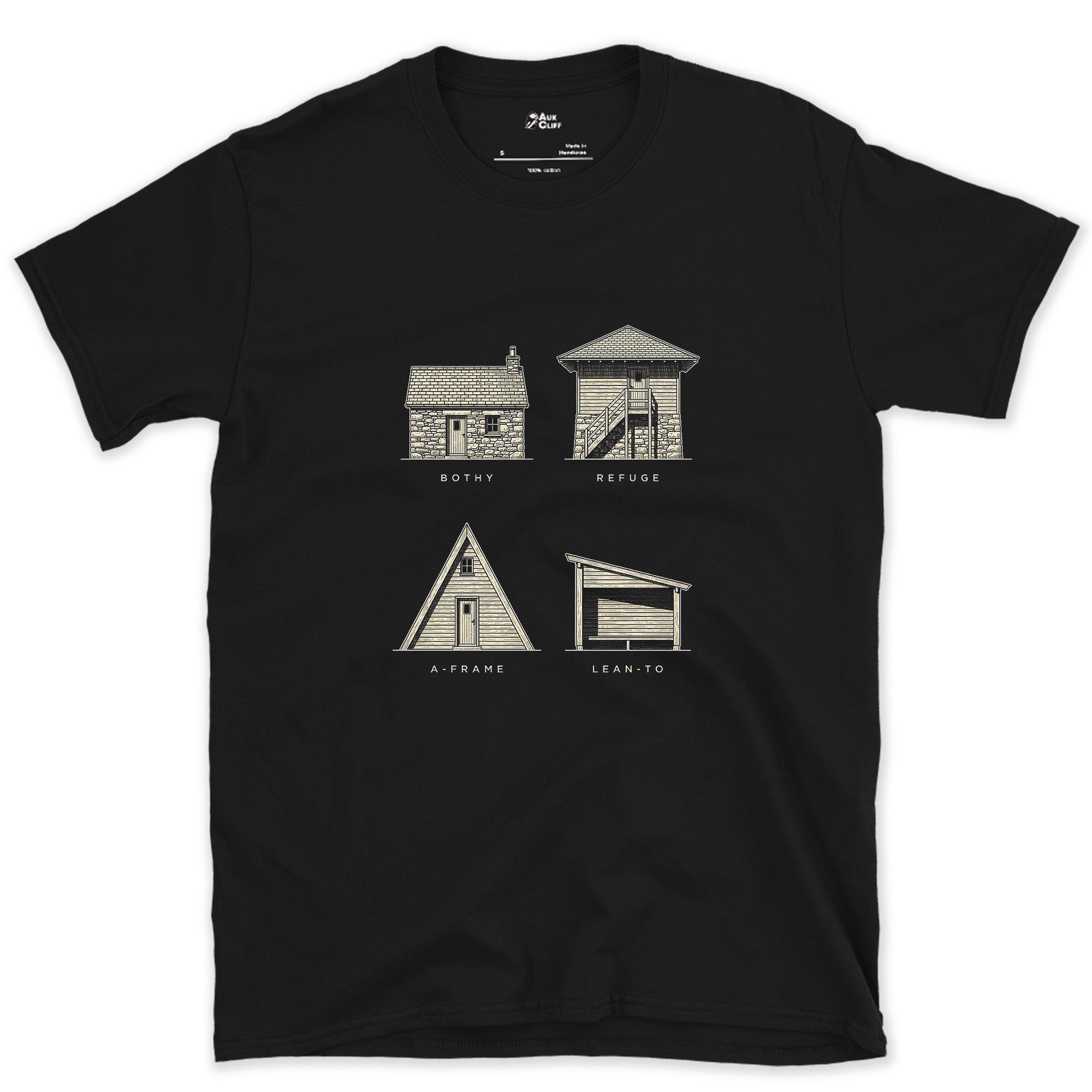 Four Ways to Sleep Out on the Trail design on a Black Gildan Softstyle t-shirt