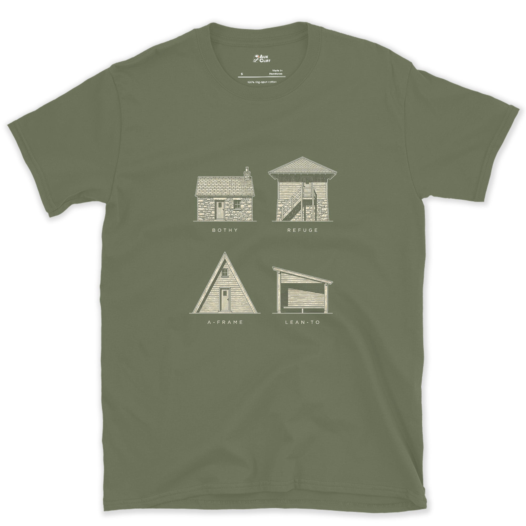 Four Ways to Sleep Out on the Trail design on a Military Green Gildan Softstyle t-shirt