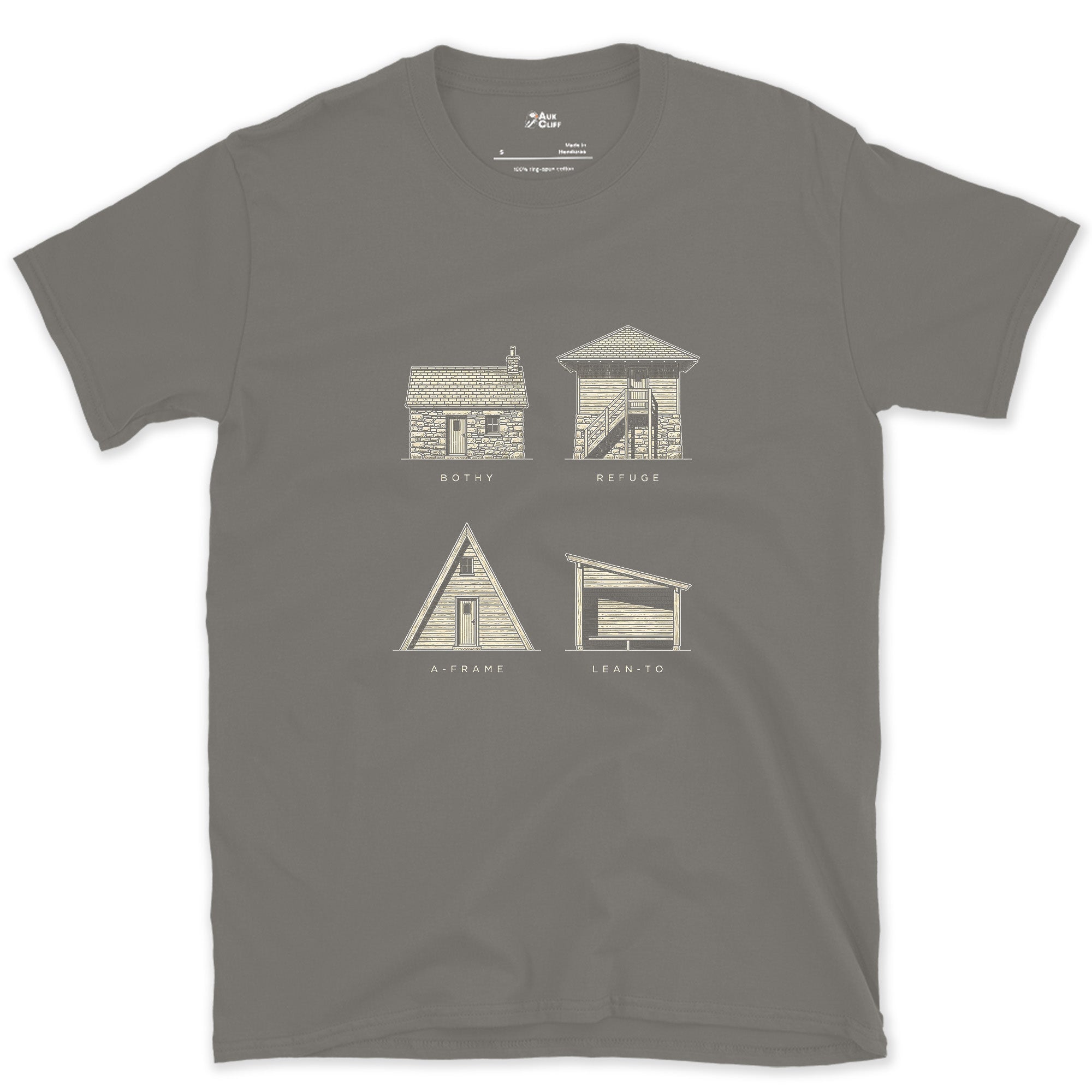 Four Ways to Sleep Out on the Trail design on a Charcoal Gildan Softstyle t-shirt