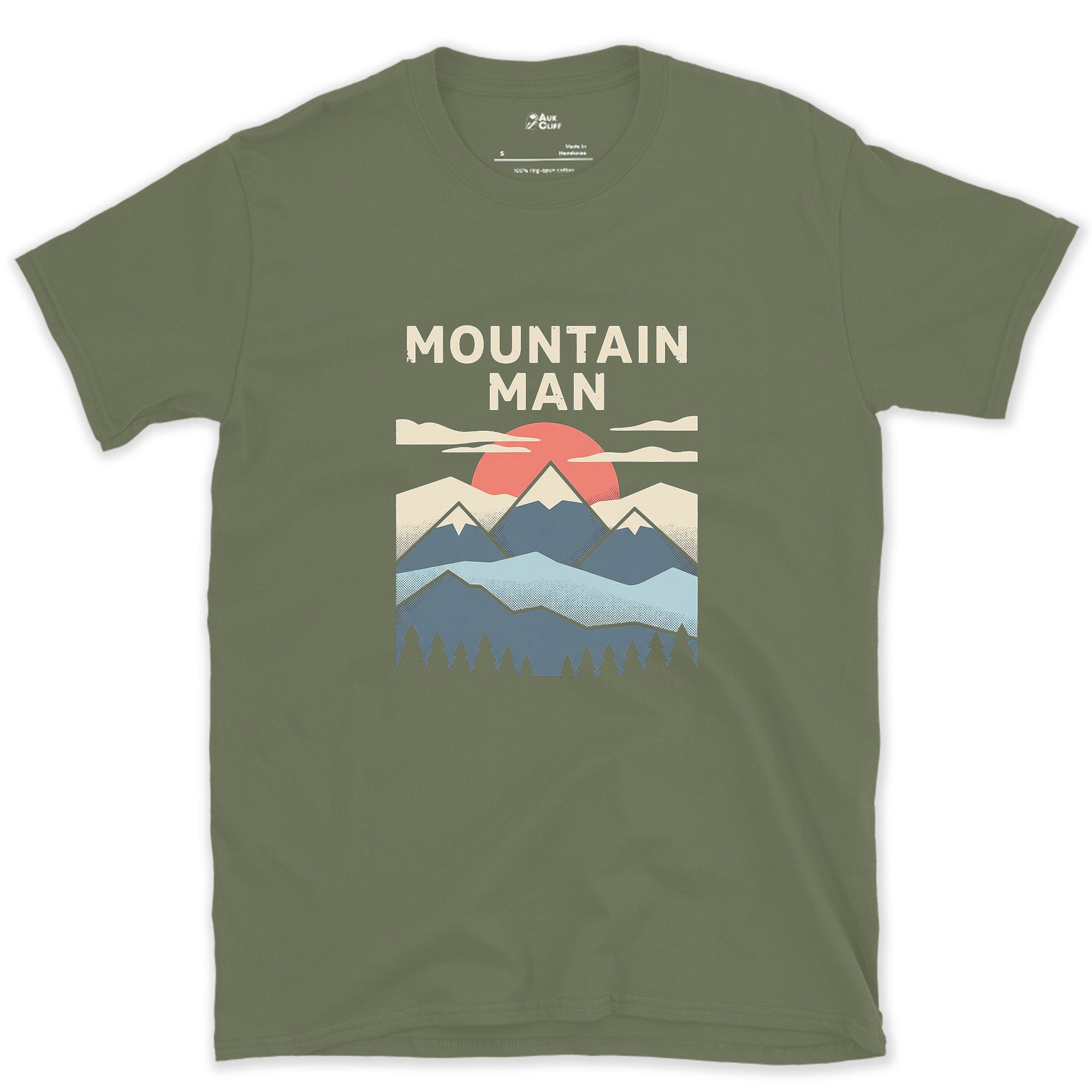 Retro Mountain Man Reads Scale as an Invitation design on a Military Green Gildan Softstyle t-shirt