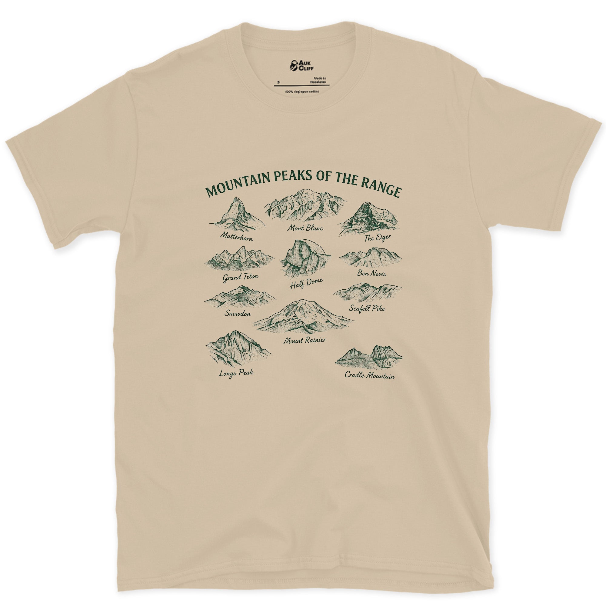 Mountain Range Named Peak by Peak design on a Sand Gildan Softstyle t-shirt