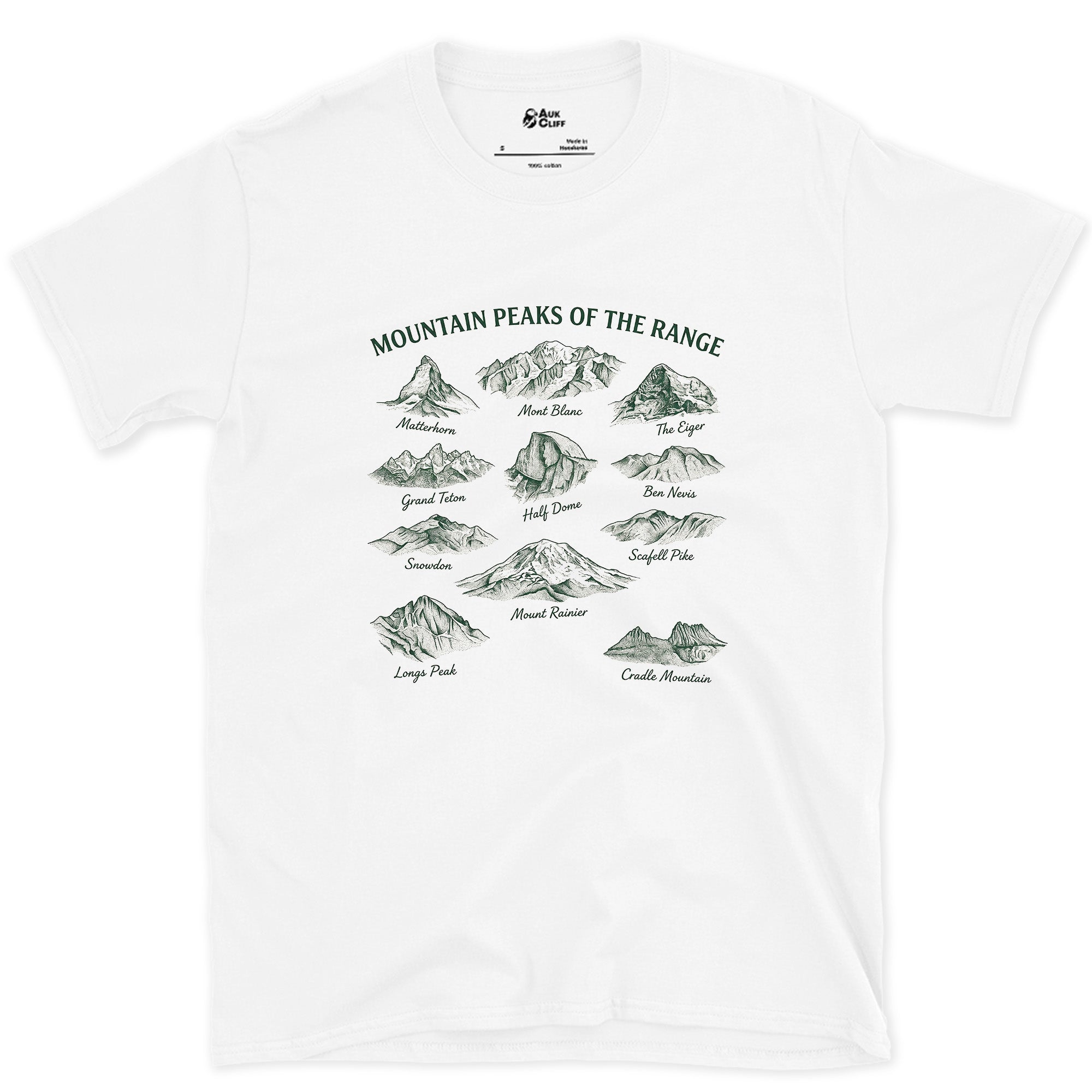 Mountain Range Named Peak by Peak design on a White Gildan Softstyle t-shirt