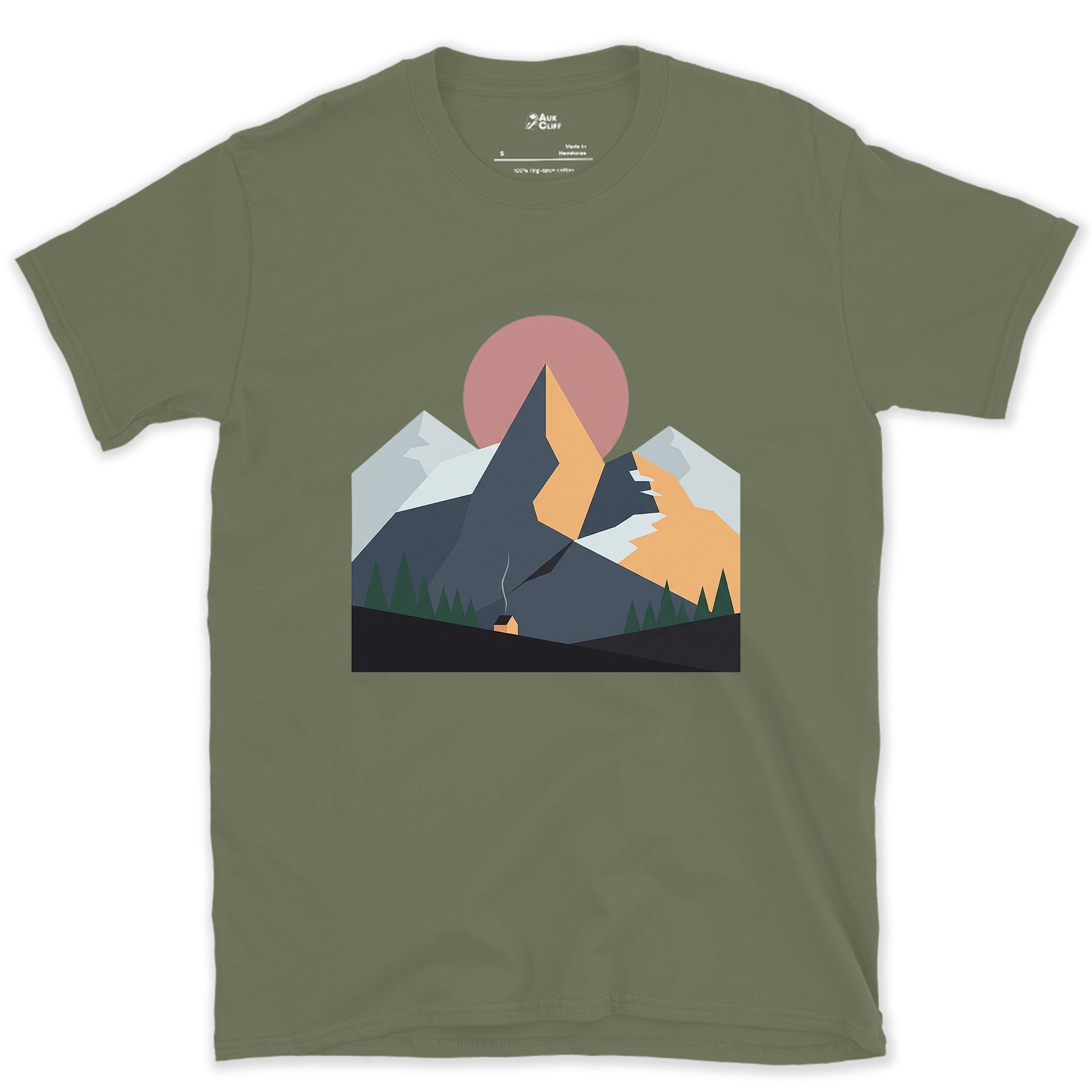 Chimney Smoke Under a Quiet Range design on a Military Green Gildan Softstyle t-shirt
