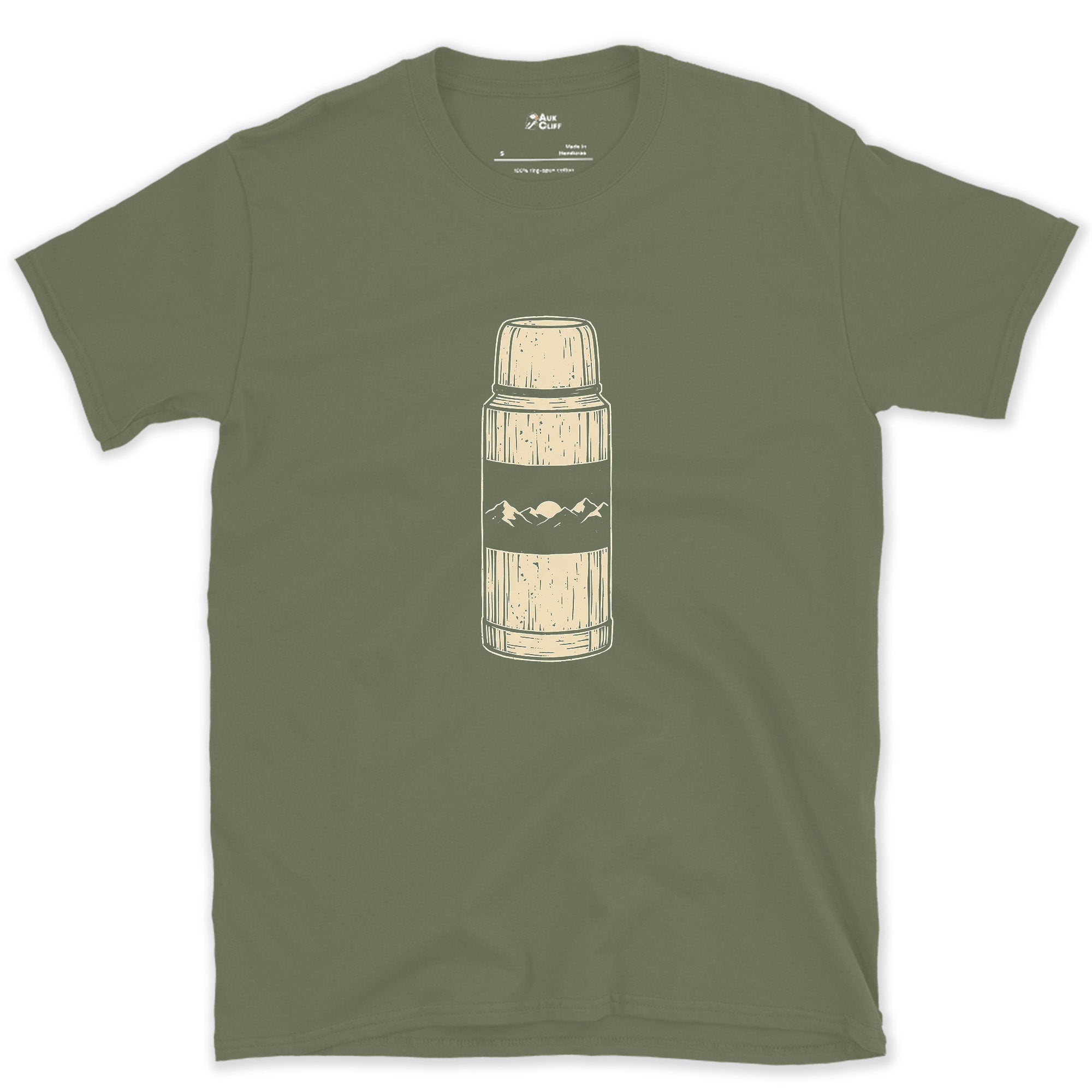 Mountain Coffee Before First Light design on a Military Green Gildan Softstyle t-shirt