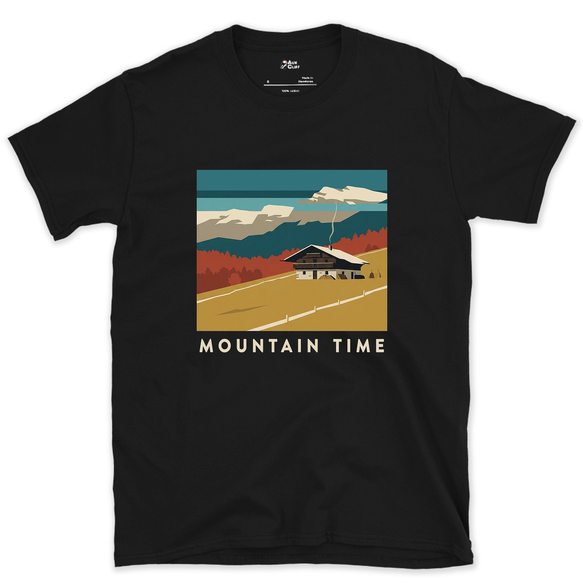 Mountain Time, Farmhouse in Autumn design on a Black Gildan Softstyle t-shirt