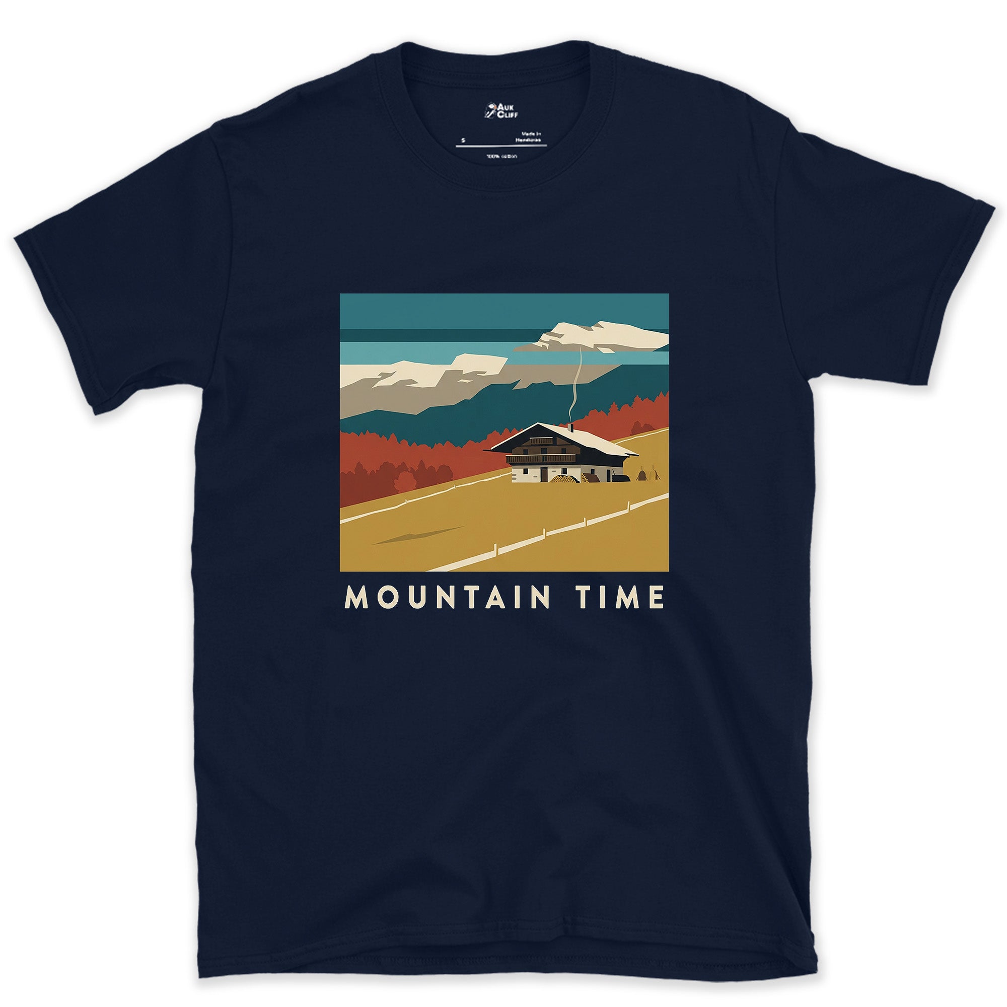 Mountain Time, Farmhouse in Autumn design on a Navy Gildan Softstyle t-shirt