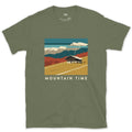 Mountain Time, Farmhouse in Autumn design on a Military Green Gildan Softstyle t-shirt