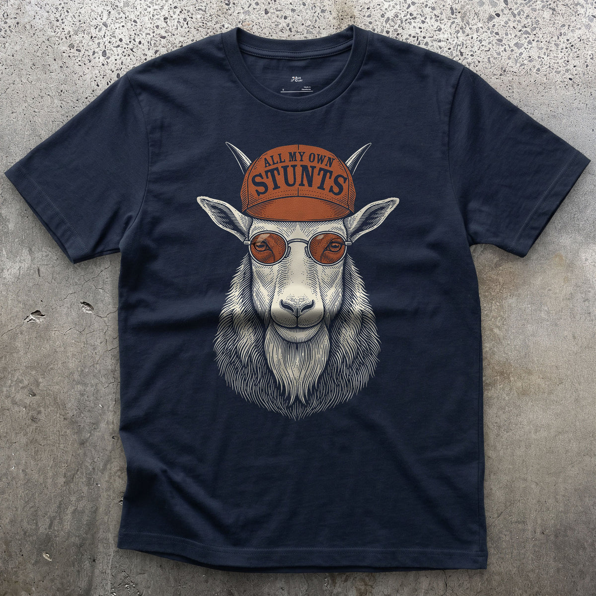 All My Own Stunts, Mountain Goat on the Trail design on a Navy Gildan Softstyle t-shirt