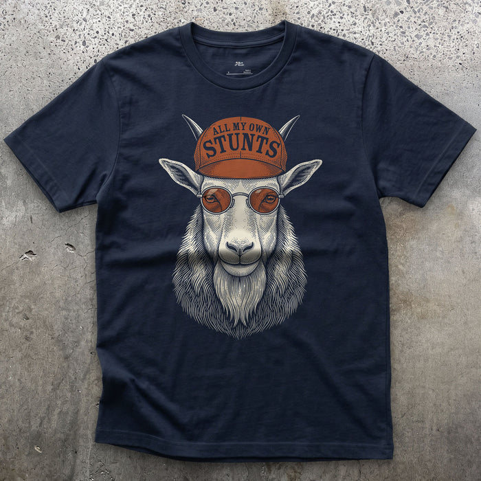 All My Own Stunts, Mountain Goat on the Trail design on a Navy Gildan Softstyle t-shirt