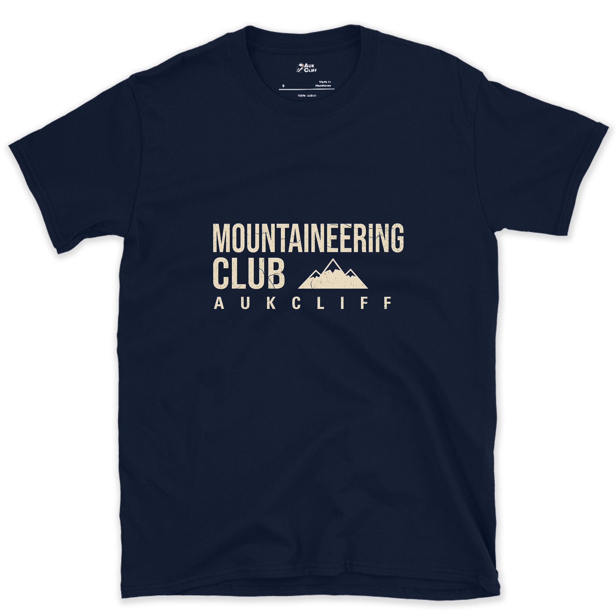 The Mountaineering Club Badge and Peaks design on a Navy Gildan Softstyle t-shirt