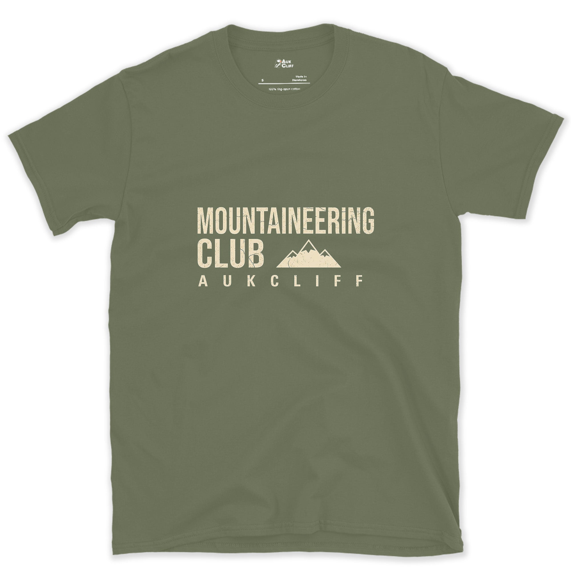 The Mountaineering Club Badge and Peaks design on a Military Green Gildan Softstyle t-shirt