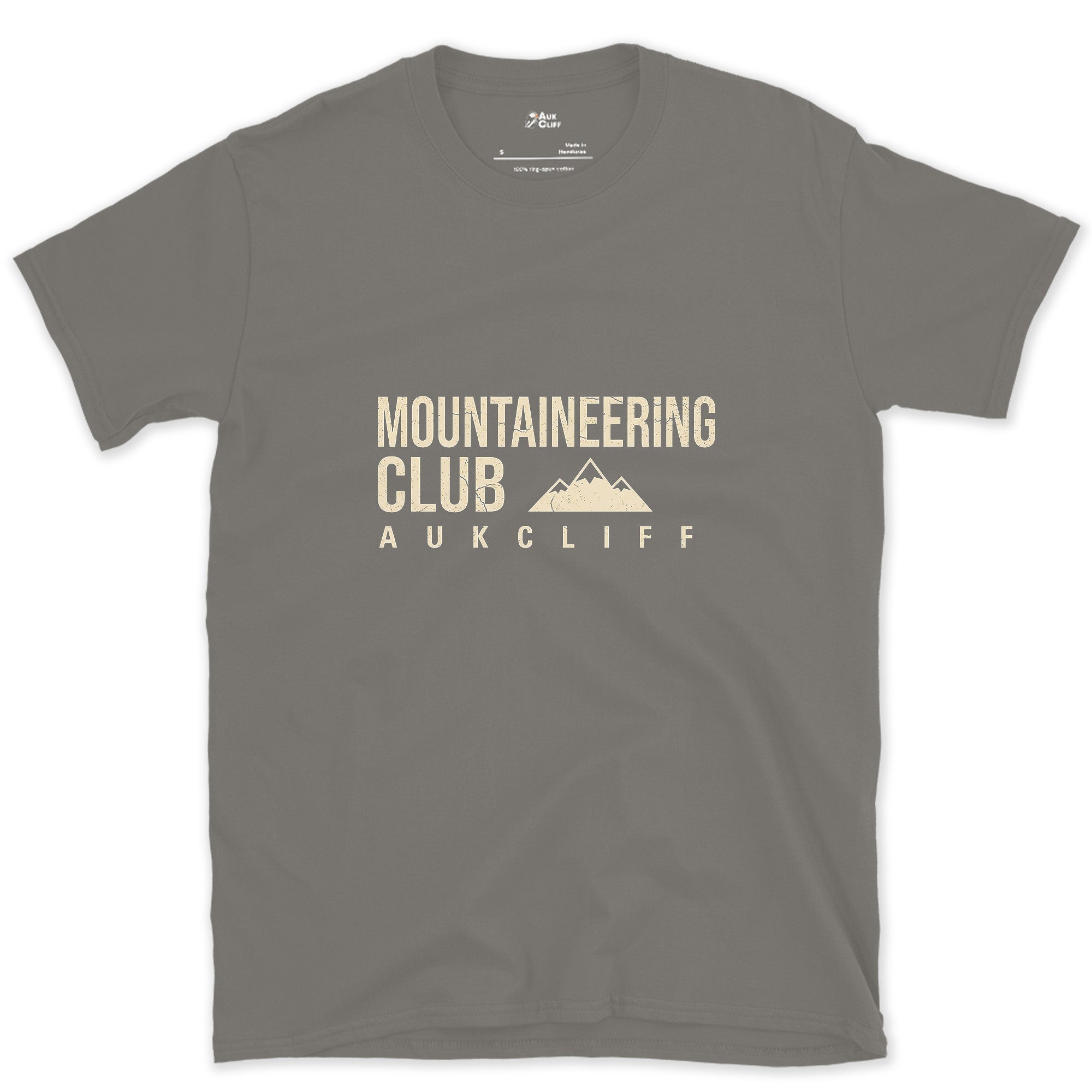 The Mountaineering Club Badge and Peaks design on a Charcoal Gildan Softstyle t-shirt