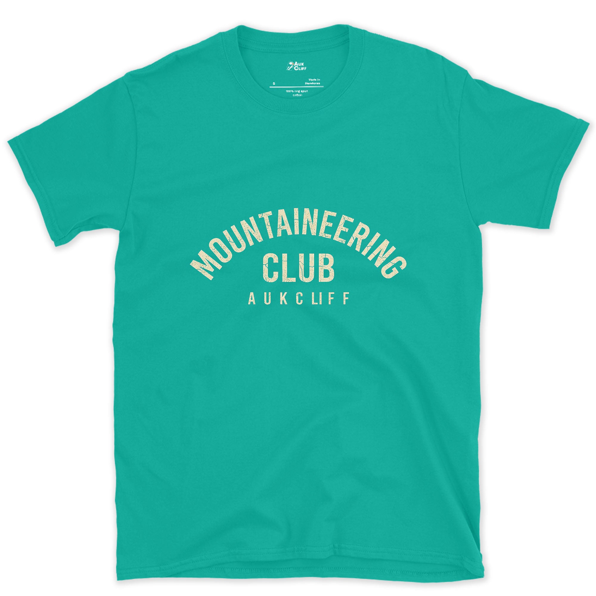 Mountaineering Club Arch design on a Jade Dome Gildan Softstyle t-shirt
