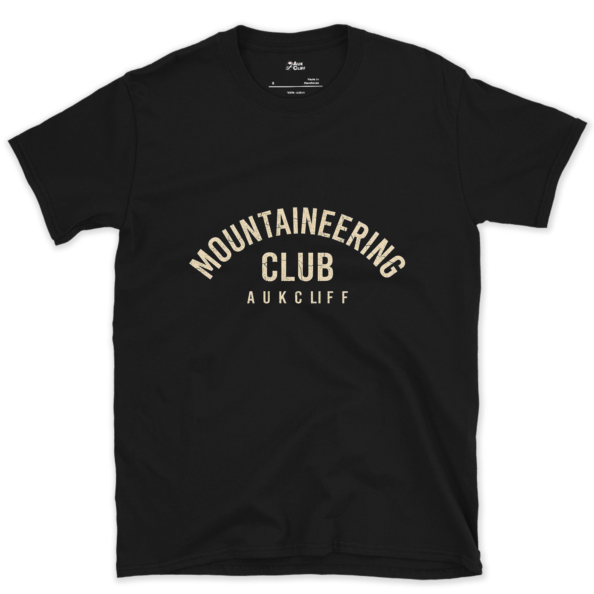 Mountaineering Club Arch design on a Black Gildan Softstyle t-shirt