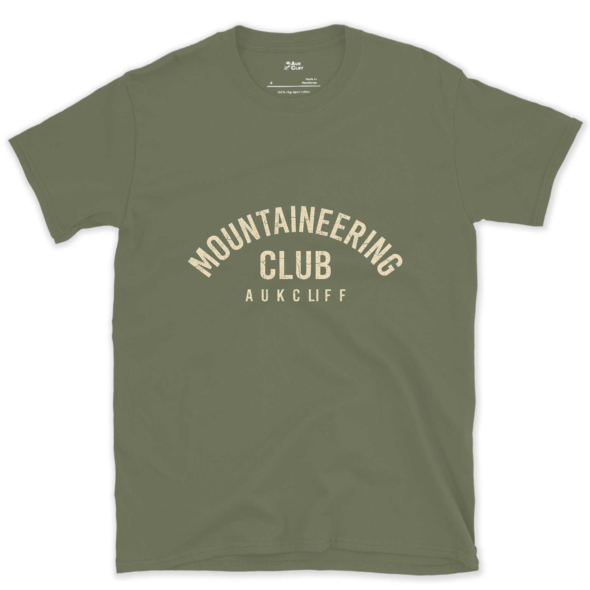 Mountaineering Club Arch design on a Military Green Gildan Softstyle t-shirt