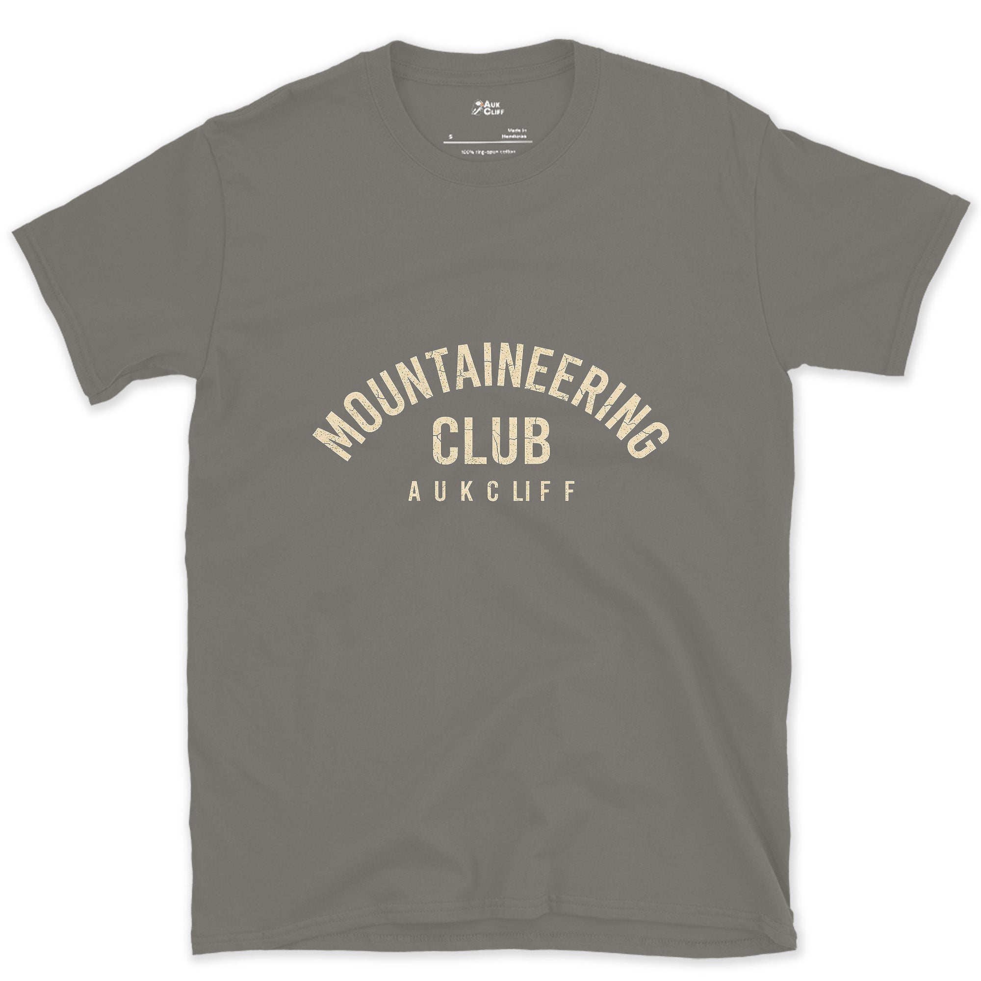 Mountaineering Club Arch design on a Charcoal Gildan Softstyle t-shirt