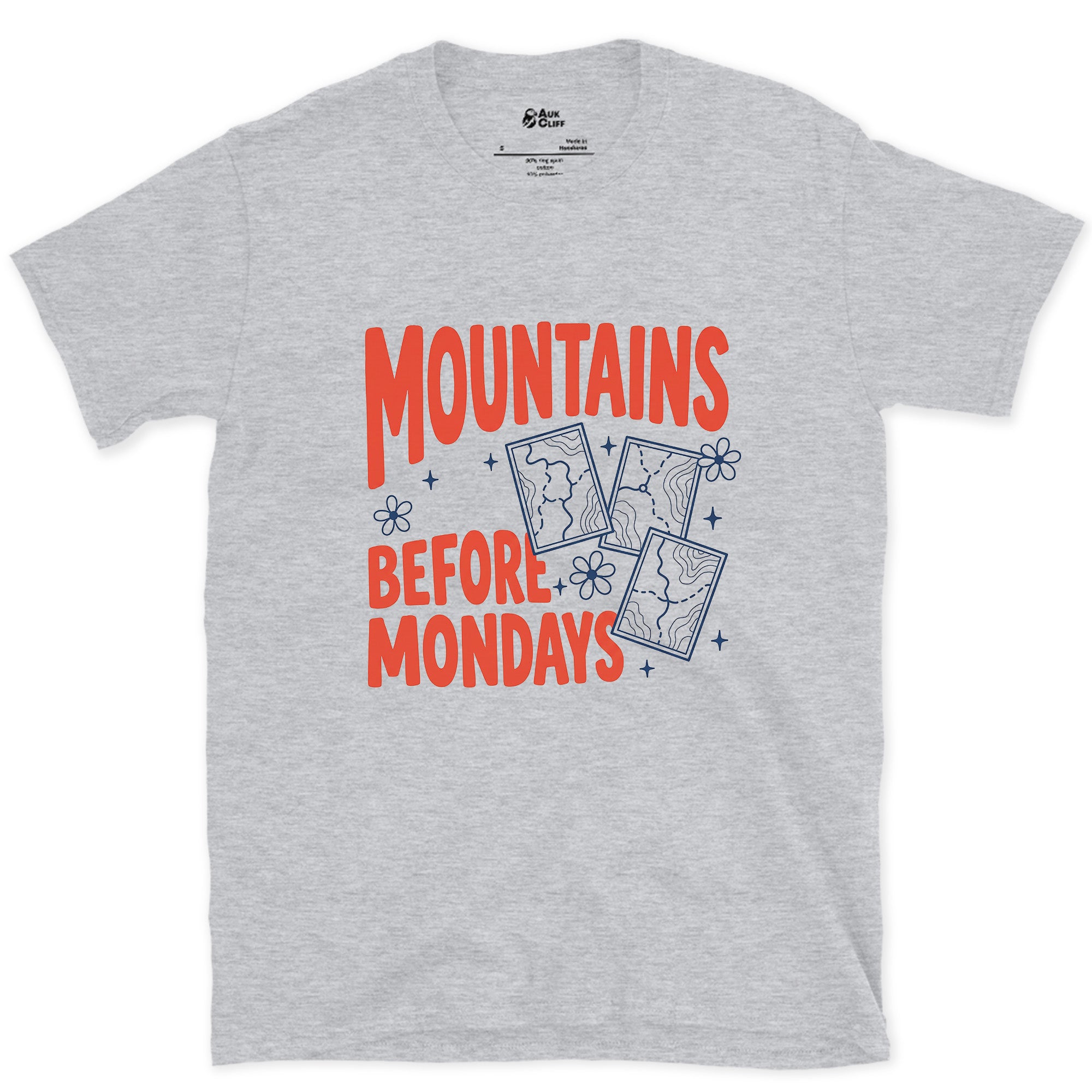 Mountains Before Mondays design on a Sport Grey Gildan Softstyle t-shirt