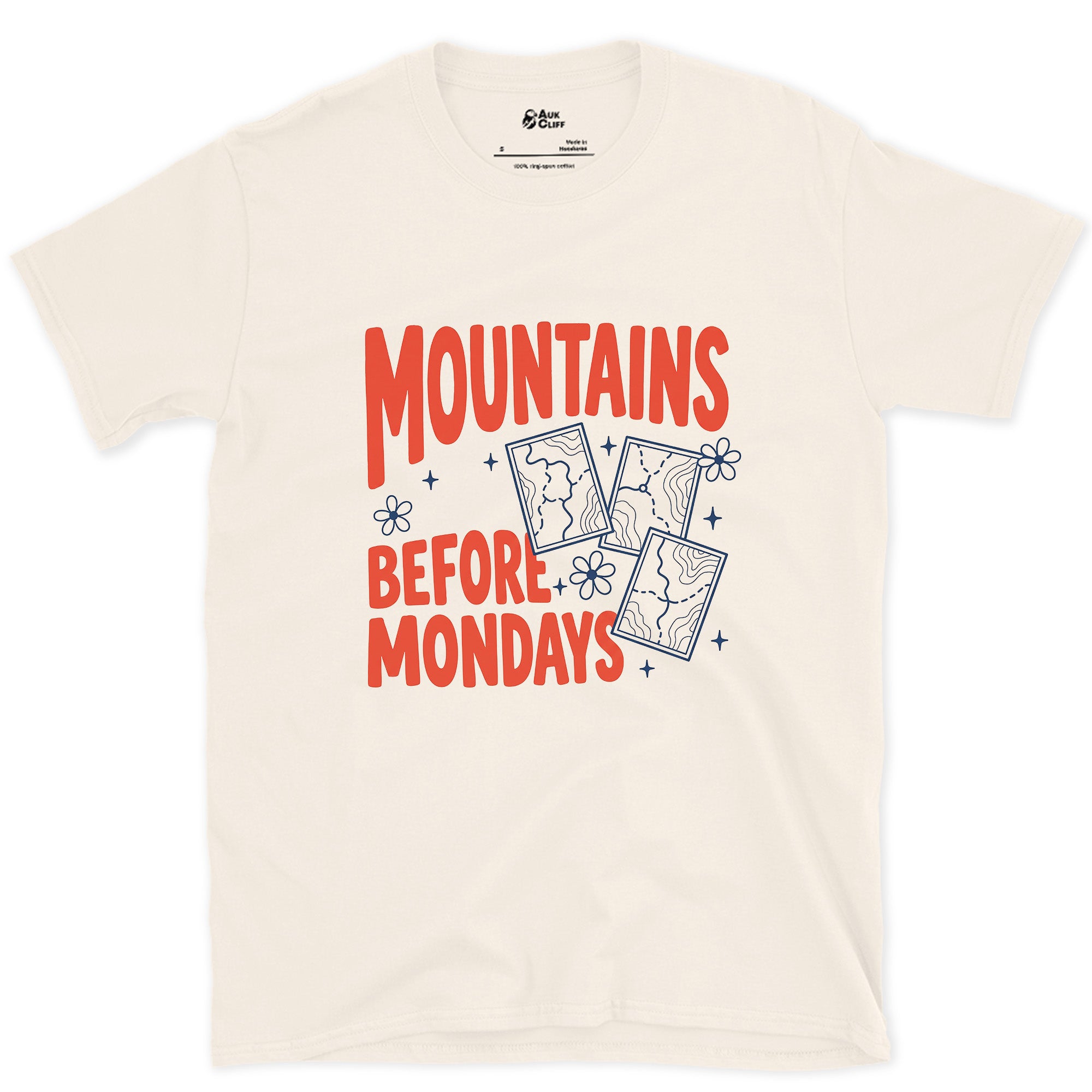 Mountains Before Mondays design on a Natural Gildan Softstyle t-shirt
