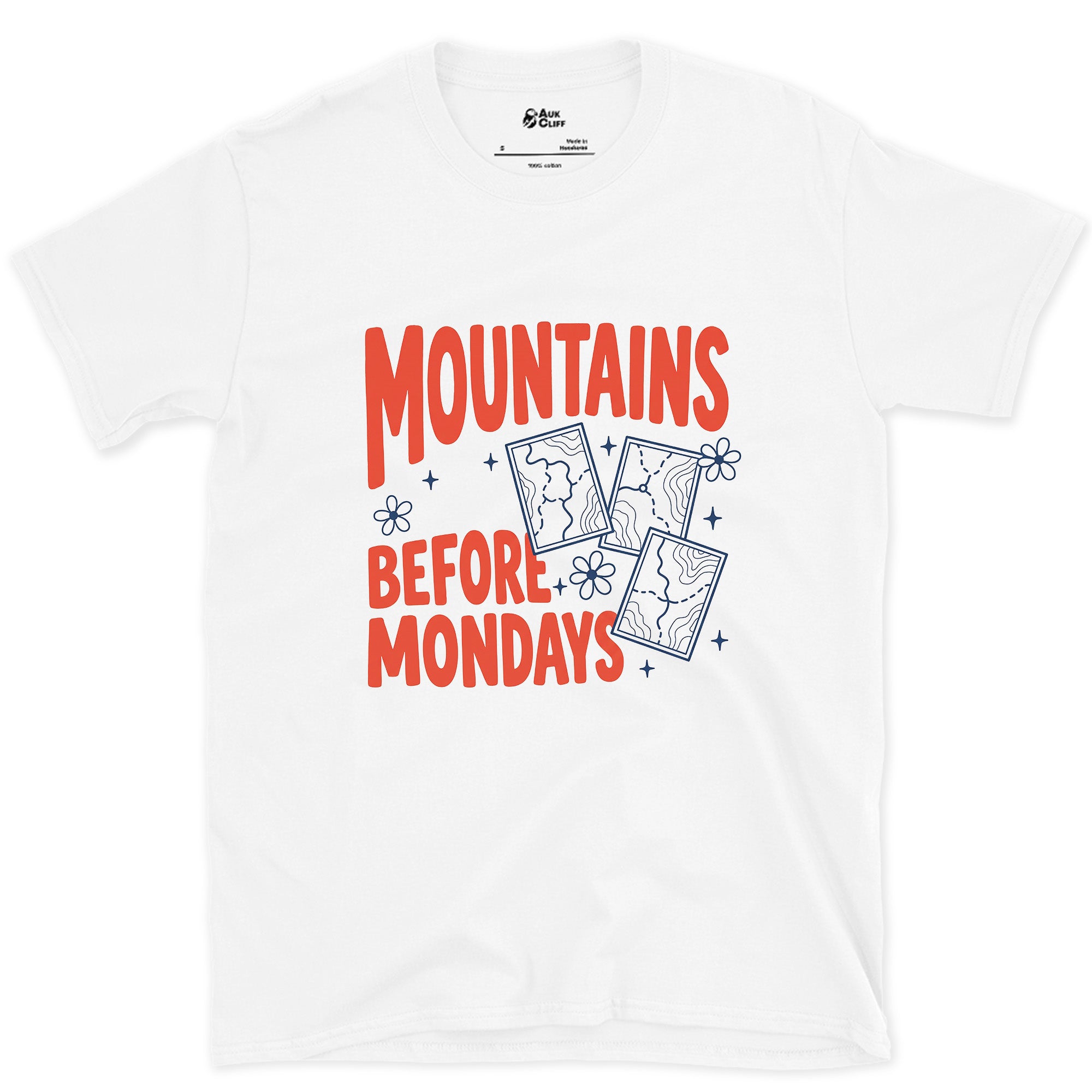 Mountains Before Mondays design on a White Gildan Softstyle t-shirt