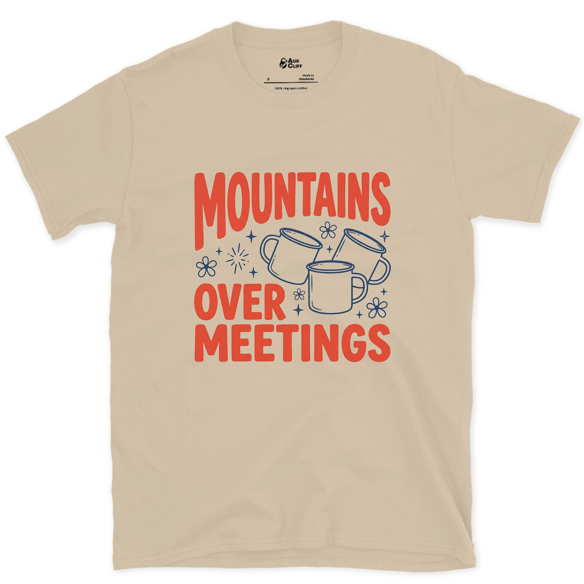 Mountains Over Meetings design on a Sand Gildan Softstyle t-shirt