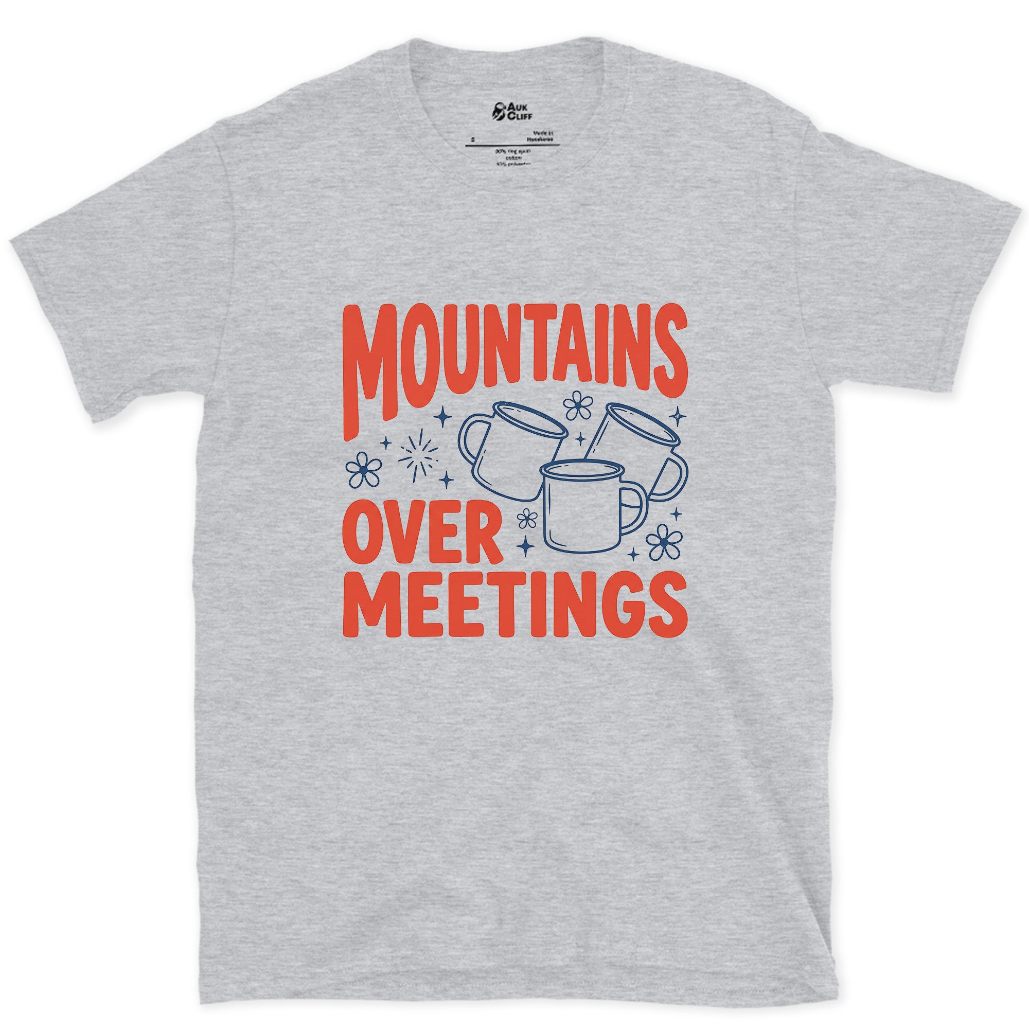 Mountains Over Meetings design on a Sport Grey Gildan Softstyle t-shirt