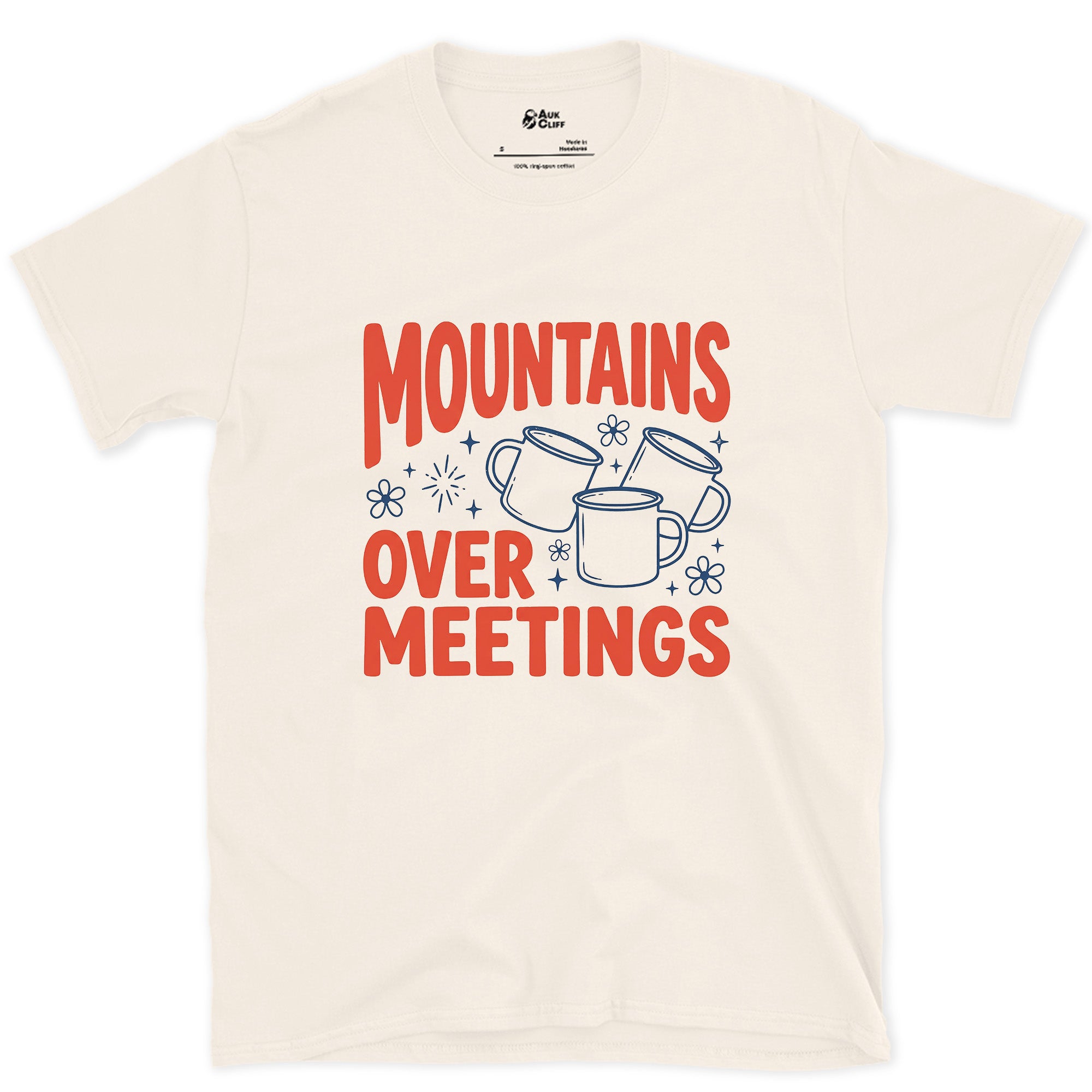 Mountains Over Meetings design on a Natural Gildan Softstyle t-shirt