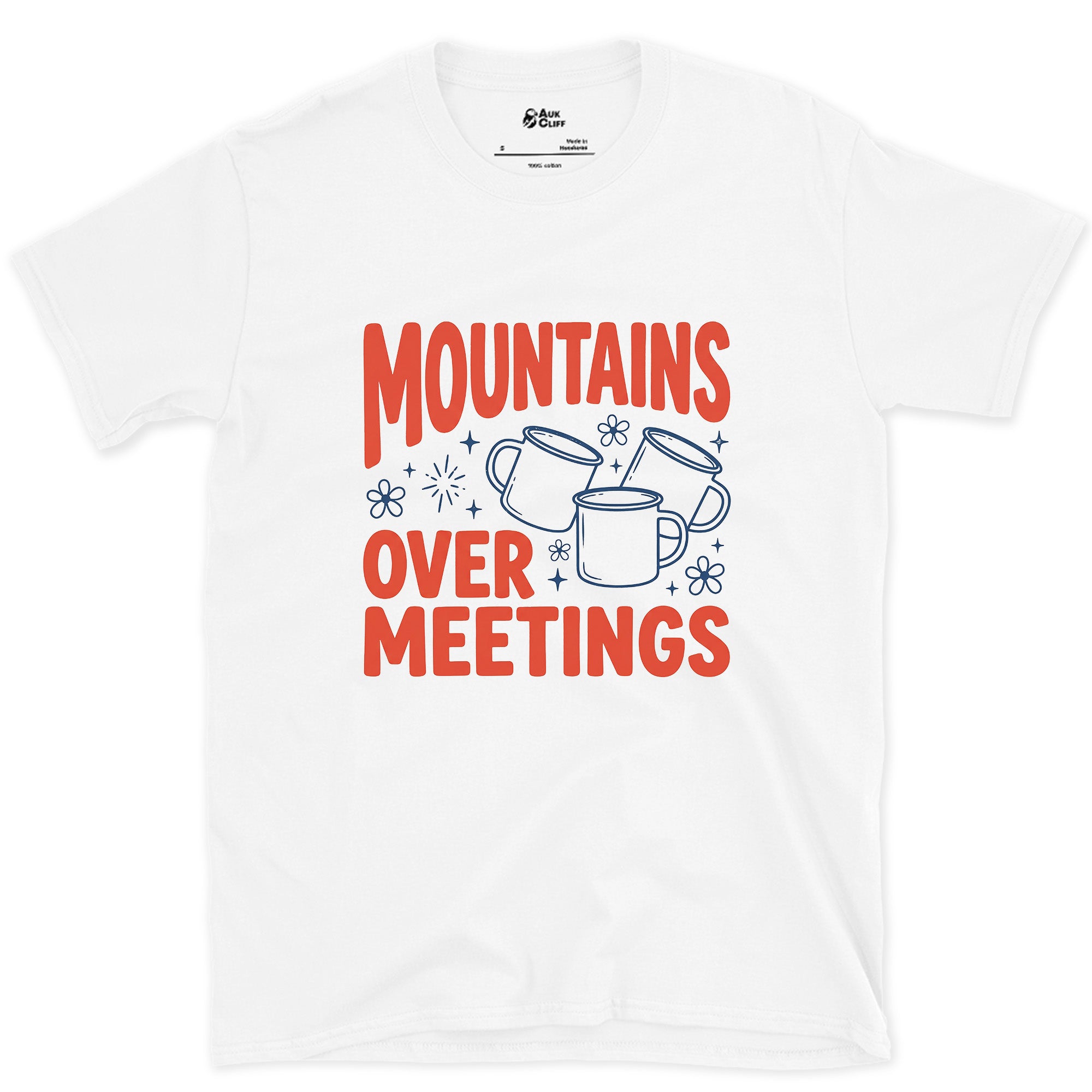 Mountains Over Meetings design on a White Gildan Softstyle t-shirt
