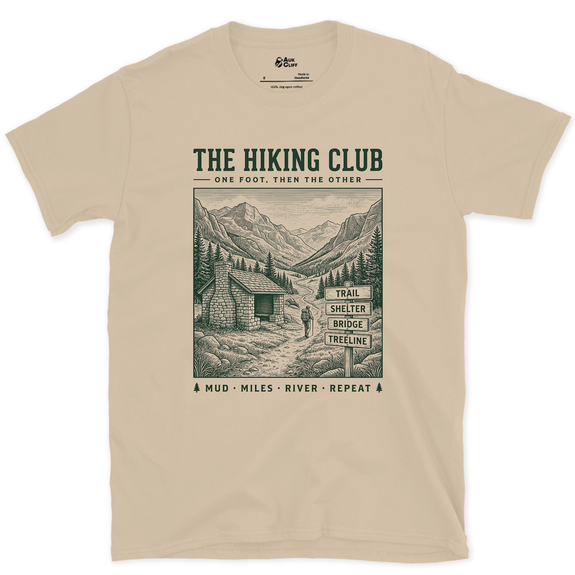 Mud, Miles, River, Repeat design on a Sand Gildan Softstyle t-shirt