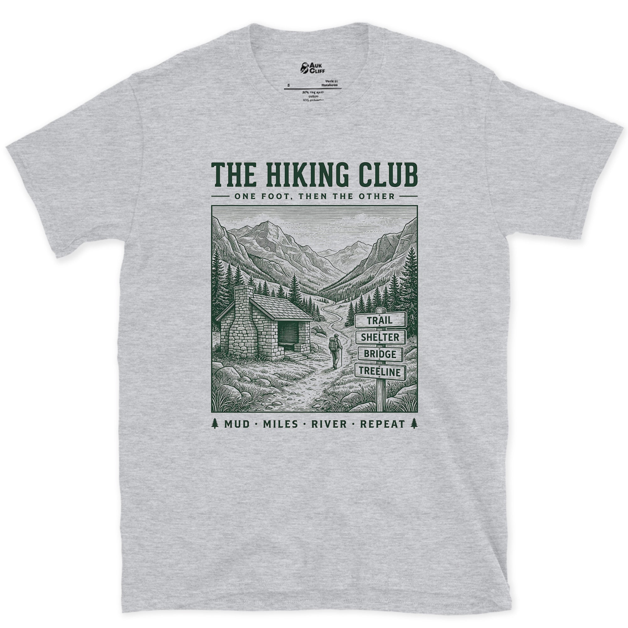 Mud, Miles, River, Repeat design on a Sport Grey Gildan Softstyle t-shirt