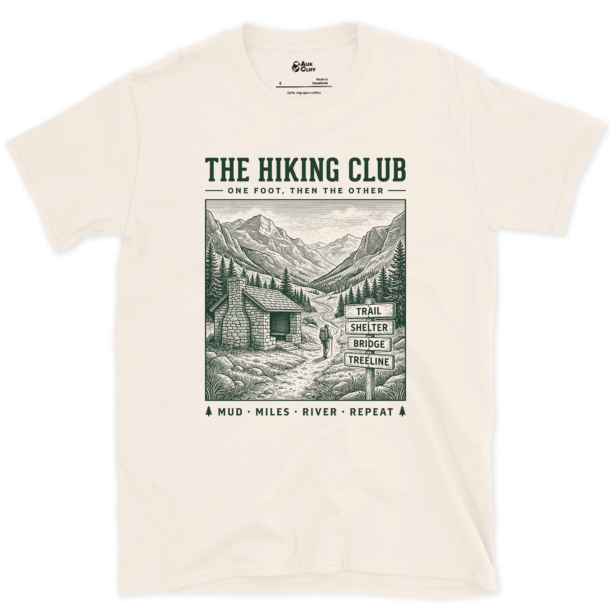 Mud, Miles, River, Repeat design on a Natural Gildan Softstyle t-shirt