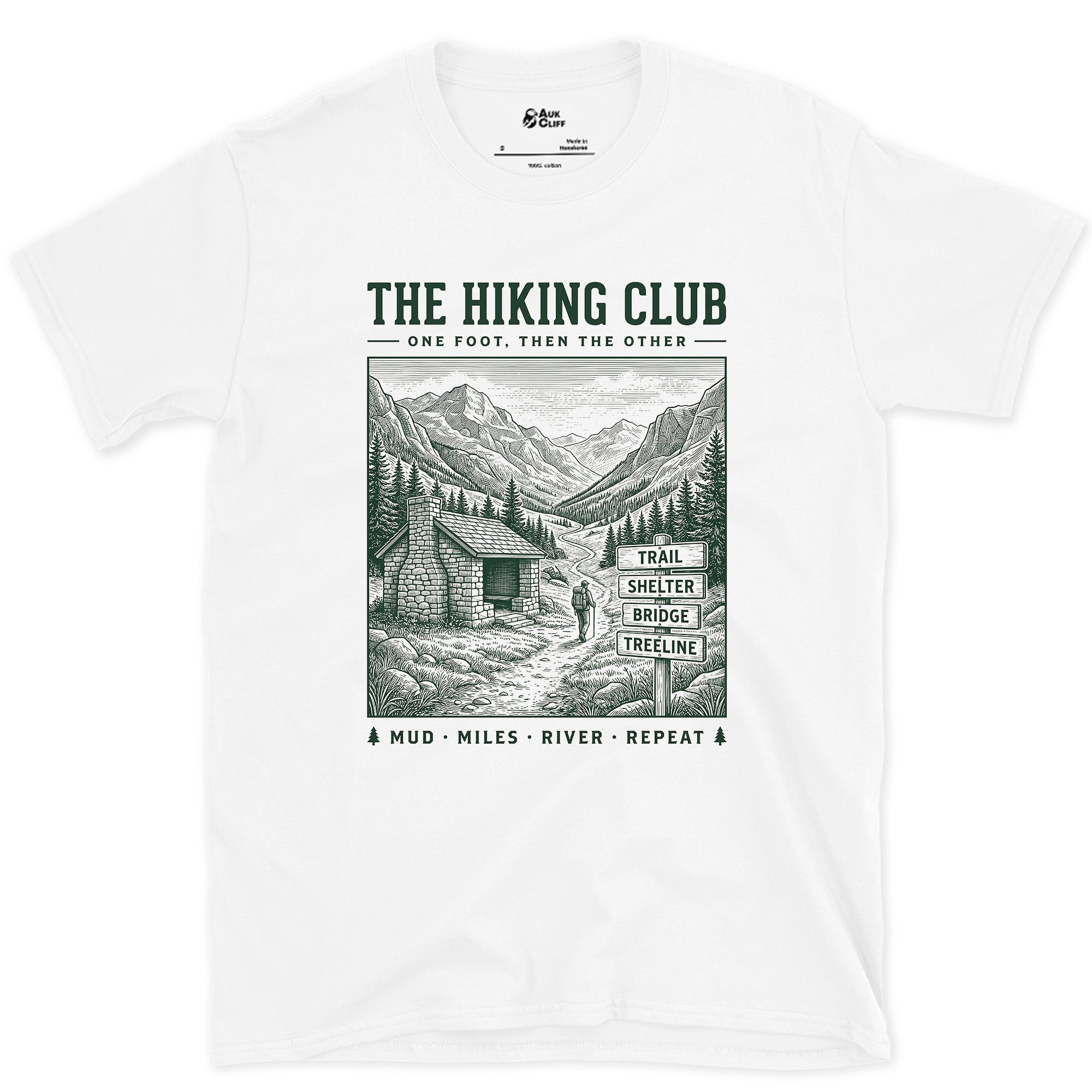 Mud, Miles, River, Repeat design on a White Gildan Softstyle t-shirt