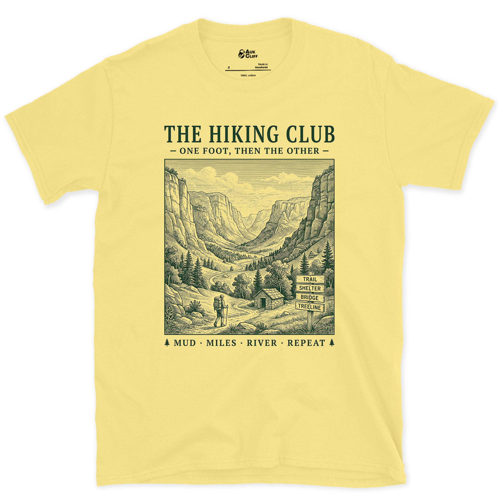 Mud, Miles, River, Repeat, Hiking Club design on a Cornsilk Gildan Softstyle t-shirt