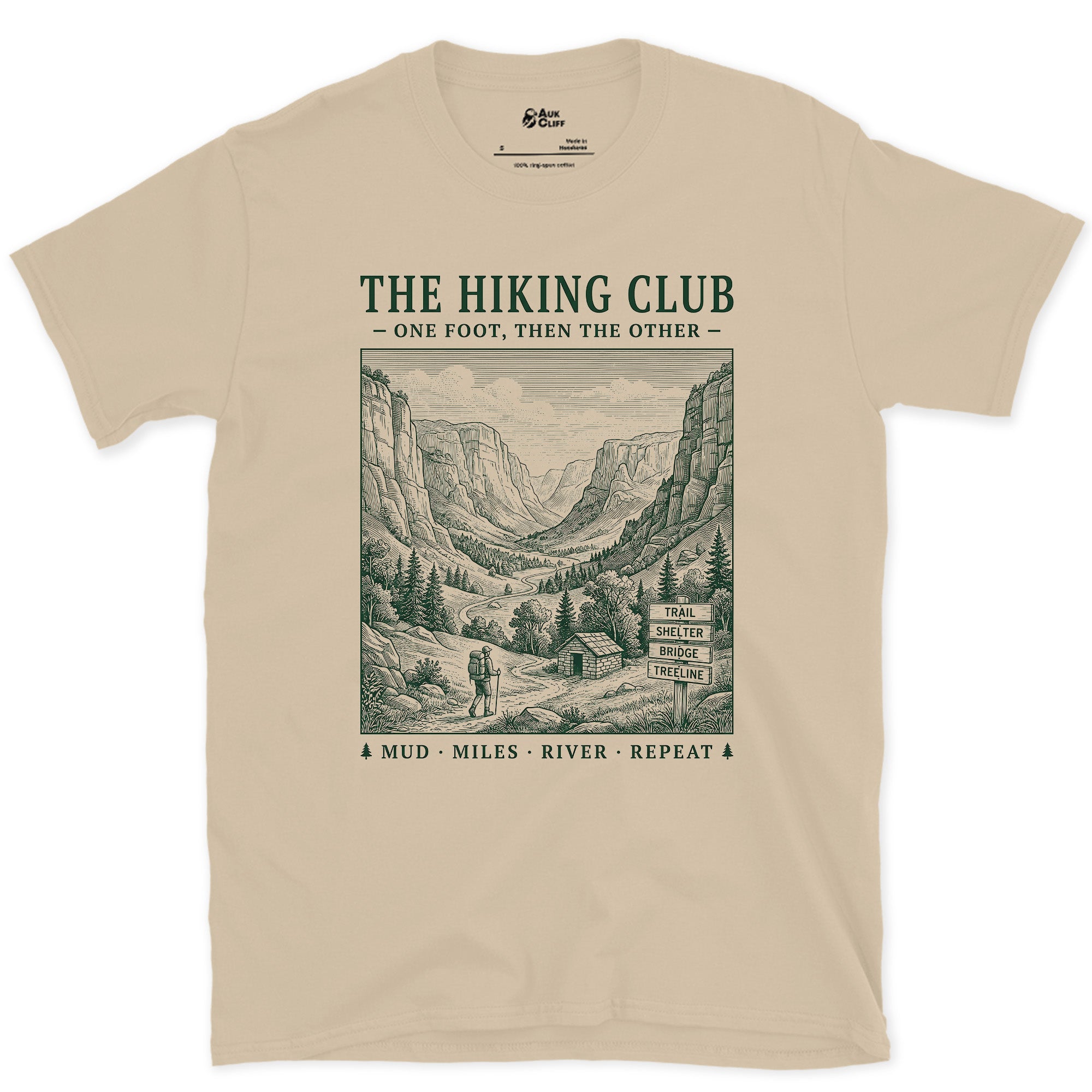 Mud, Miles, River, Repeat, Hiking Club design on a Sand Gildan Softstyle t-shirt