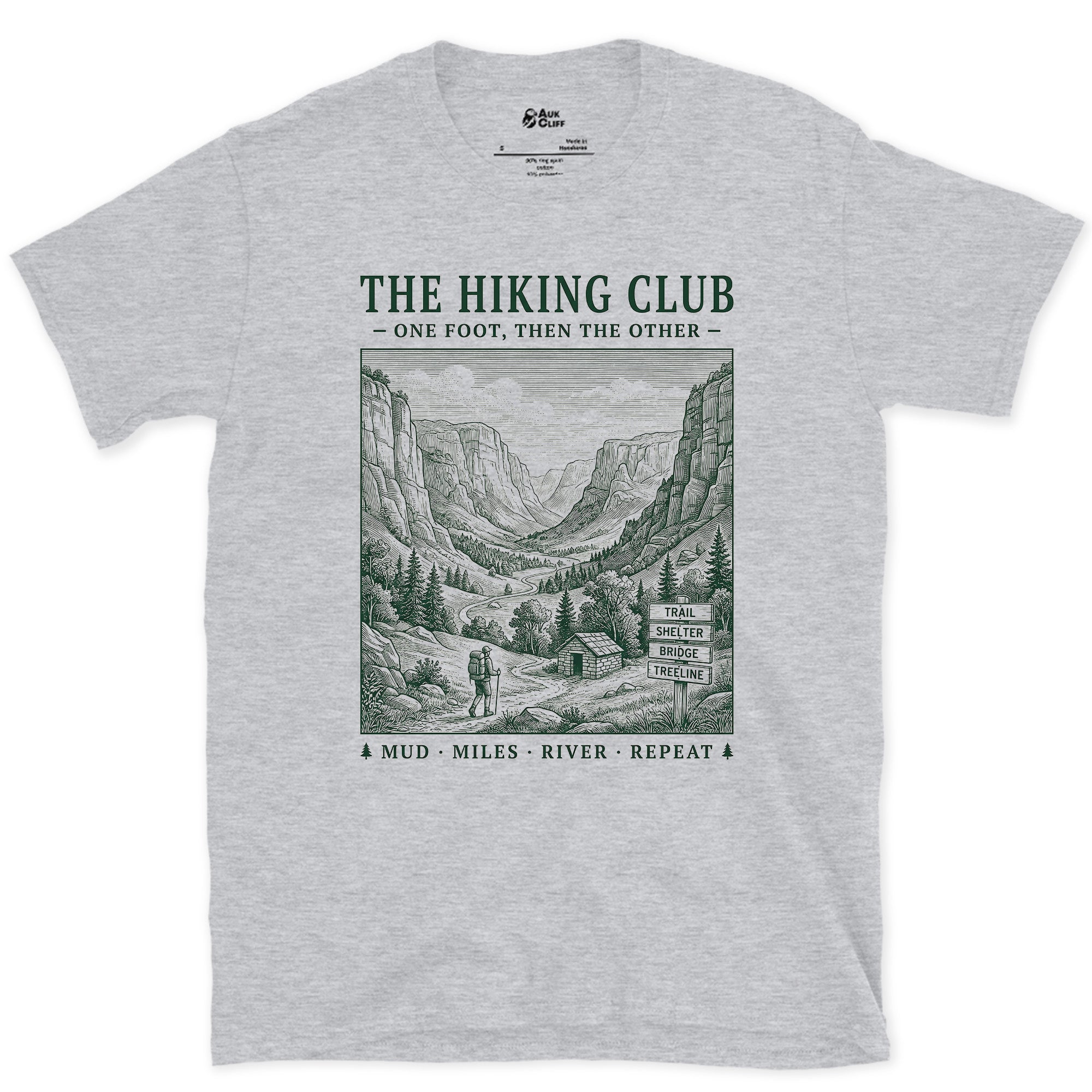 Mud, Miles, River, Repeat, Hiking Club design on a Sport Grey Gildan Softstyle t-shirt
