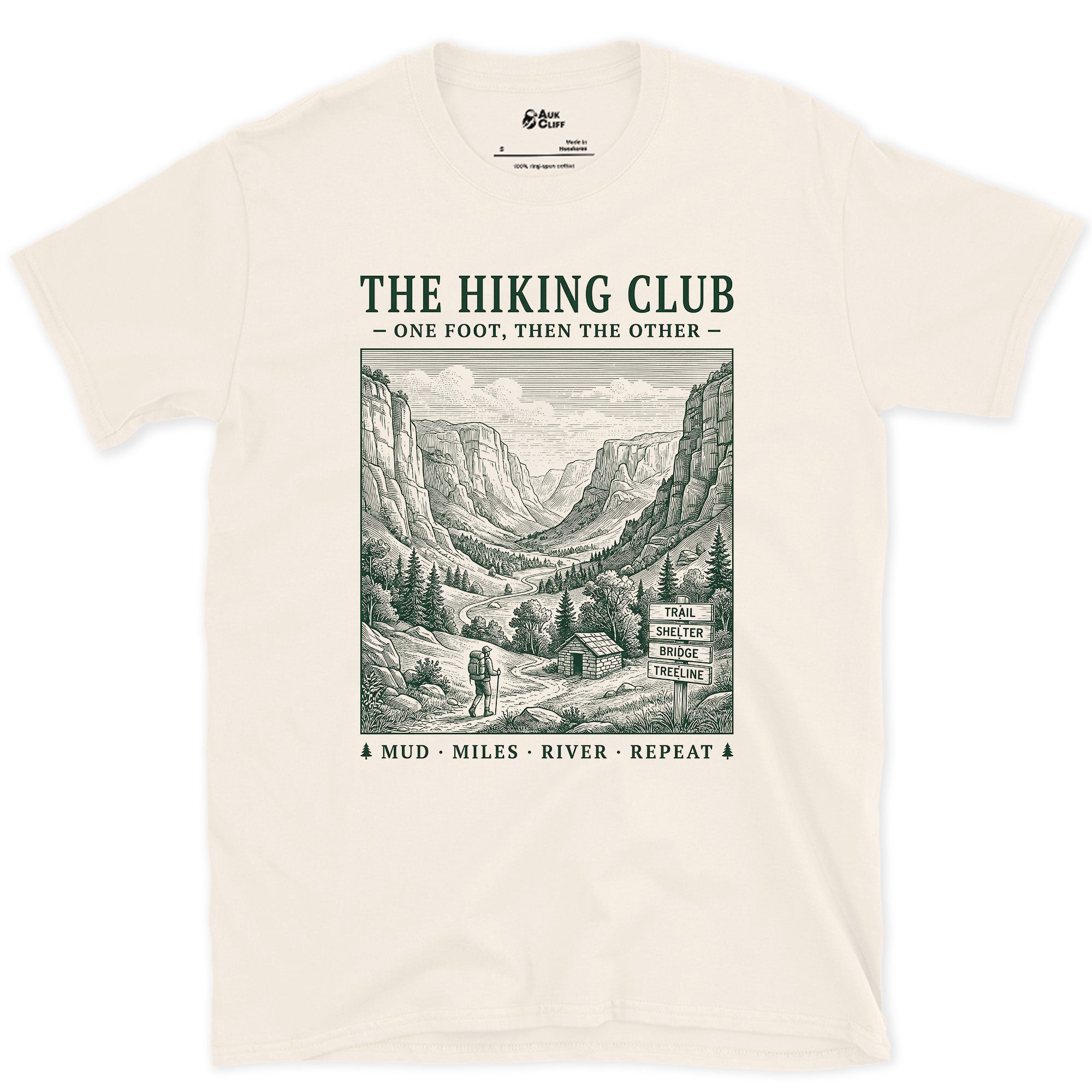 Mud, Miles, River, Repeat, Hiking Club design on a Natural Gildan Softstyle t-shirt