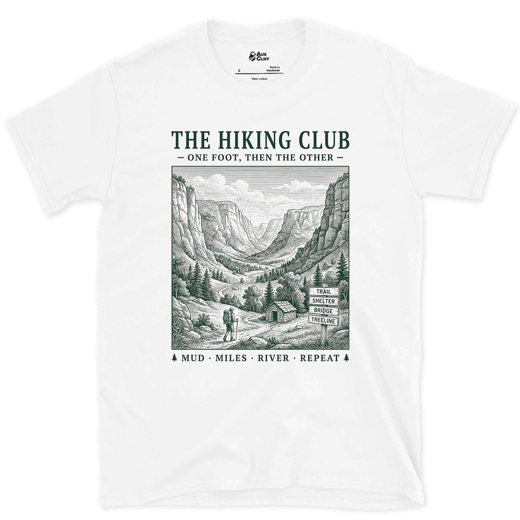 Mud, Miles, River, Repeat, Hiking Club design on a White Gildan Softstyle t-shirt